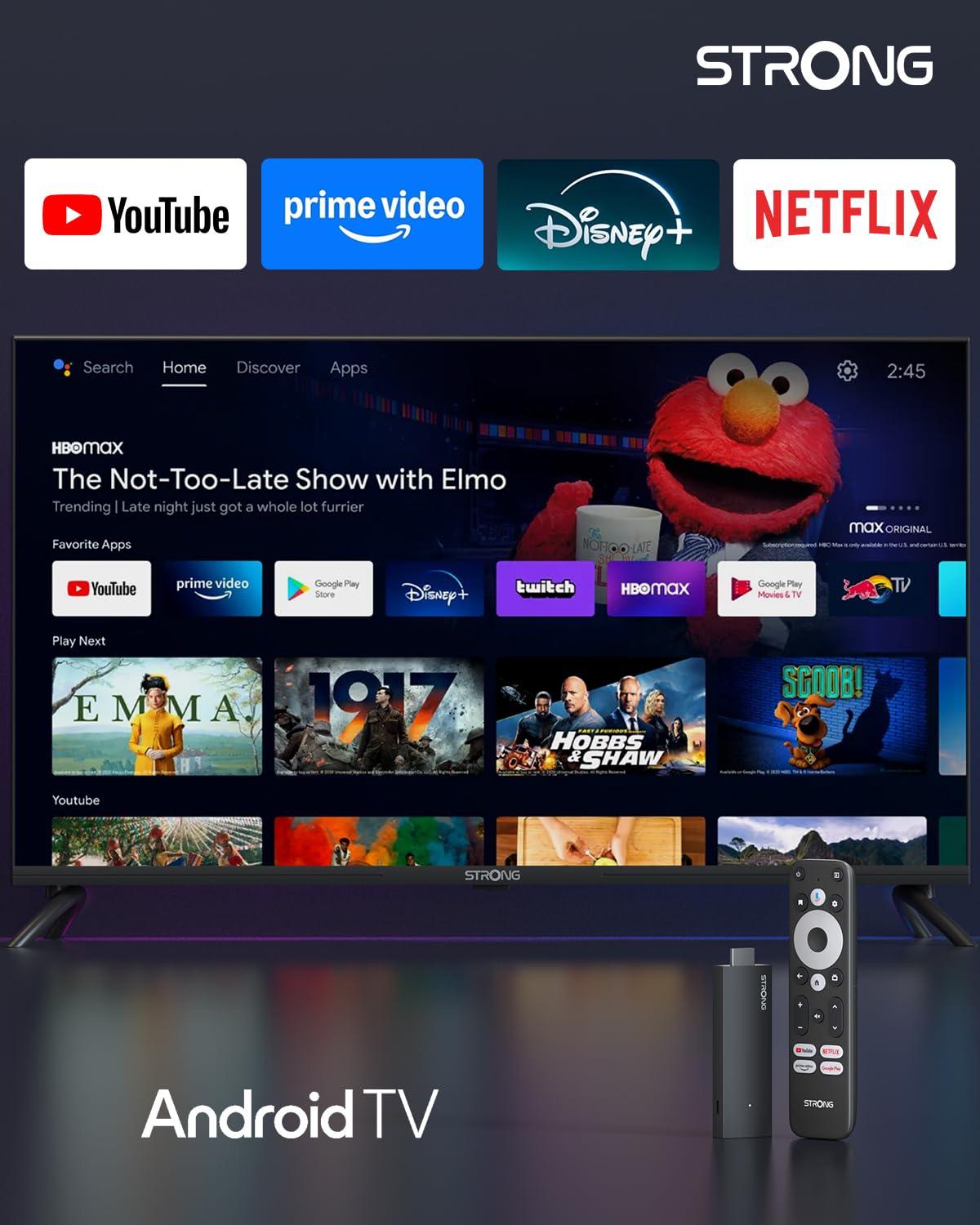 STRONG Leap-UNA Android TV Streaming Stick, WiFi, Integrierter Chromecast, Android 11 TV-Box, Google Assistant, HDR10+, Google Play, Netflix, YouTube