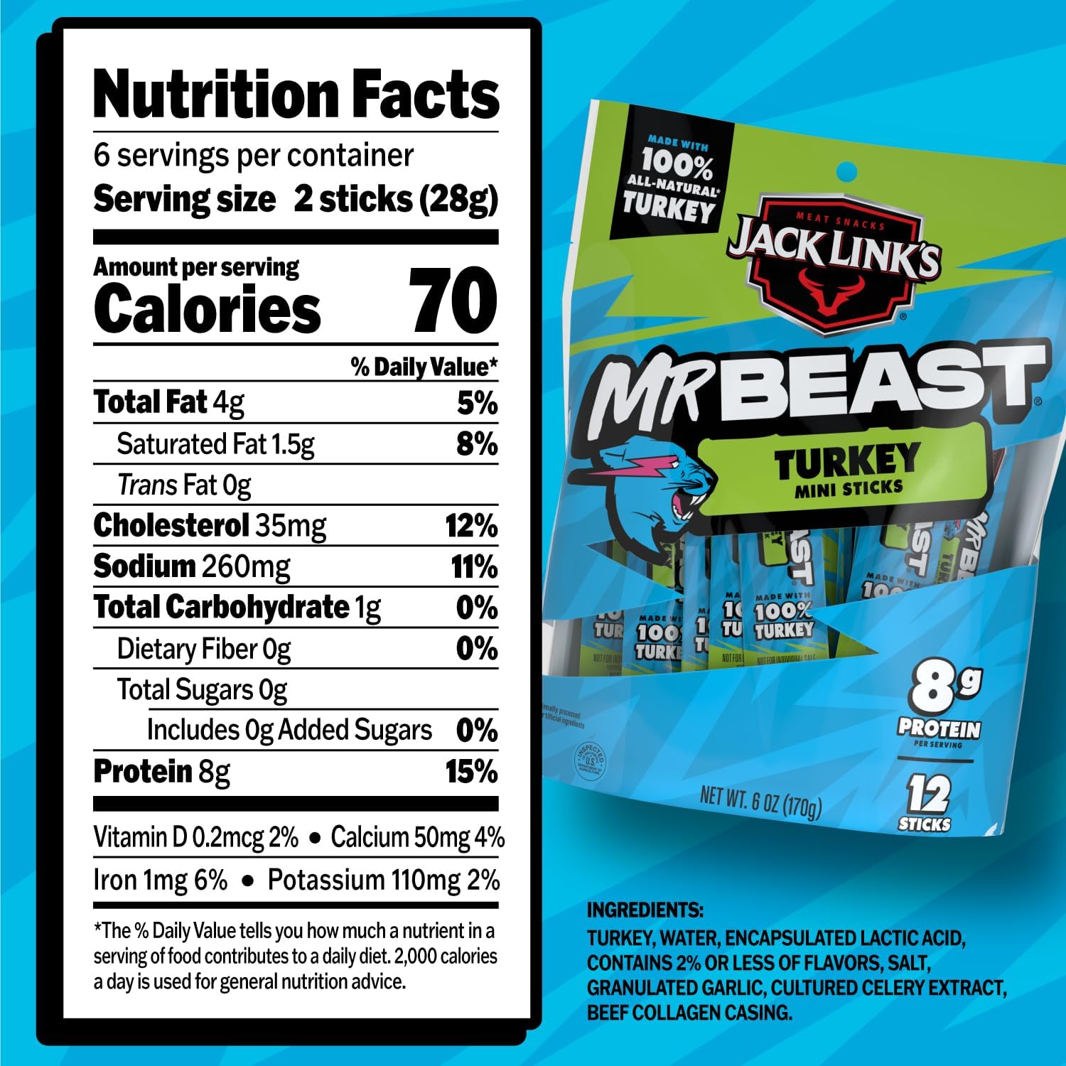 Jack Link's x MrBeast Turkey Mini Sticks, come visto sui giochi Beast, 8 g di proteine, realizzati con tacchino naturale al 100%, zero zucchero, snack pronti per la dispensa, 12 pezzi