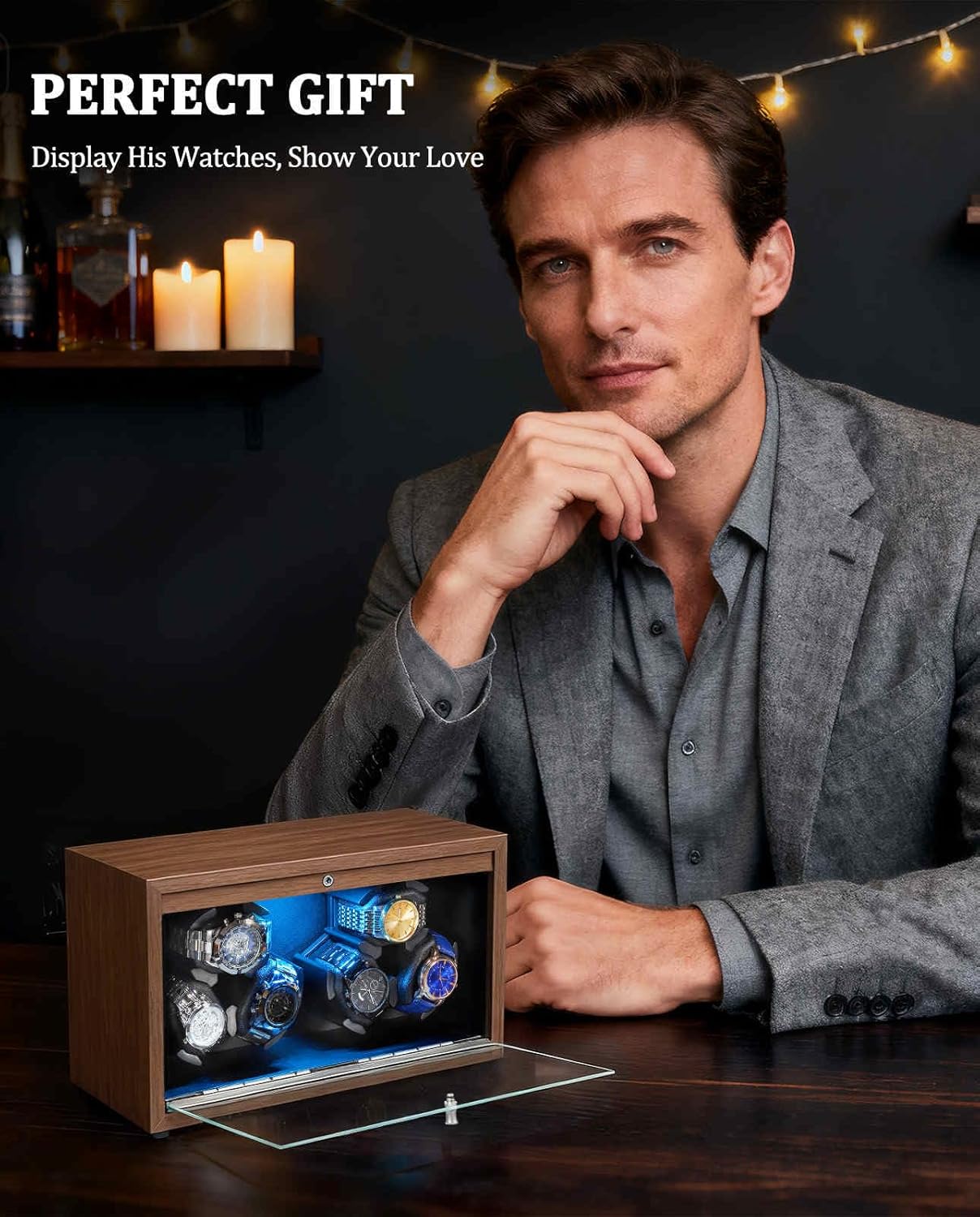 Watch Winder 6 with LED and Super Quiet Motor 4 Rotating Modes, Wooden Watch Storage Case Watch Shaker with USB Cable Gift (Black Walnut)