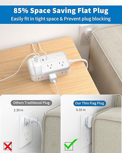 Miniatura 6 de Cable de extensión plano de 10 pies y 15 pies, regleta protectora de sobretensiones con 6 tomas amplias, 4 puertos USB (2 USB C), enchufe plano,