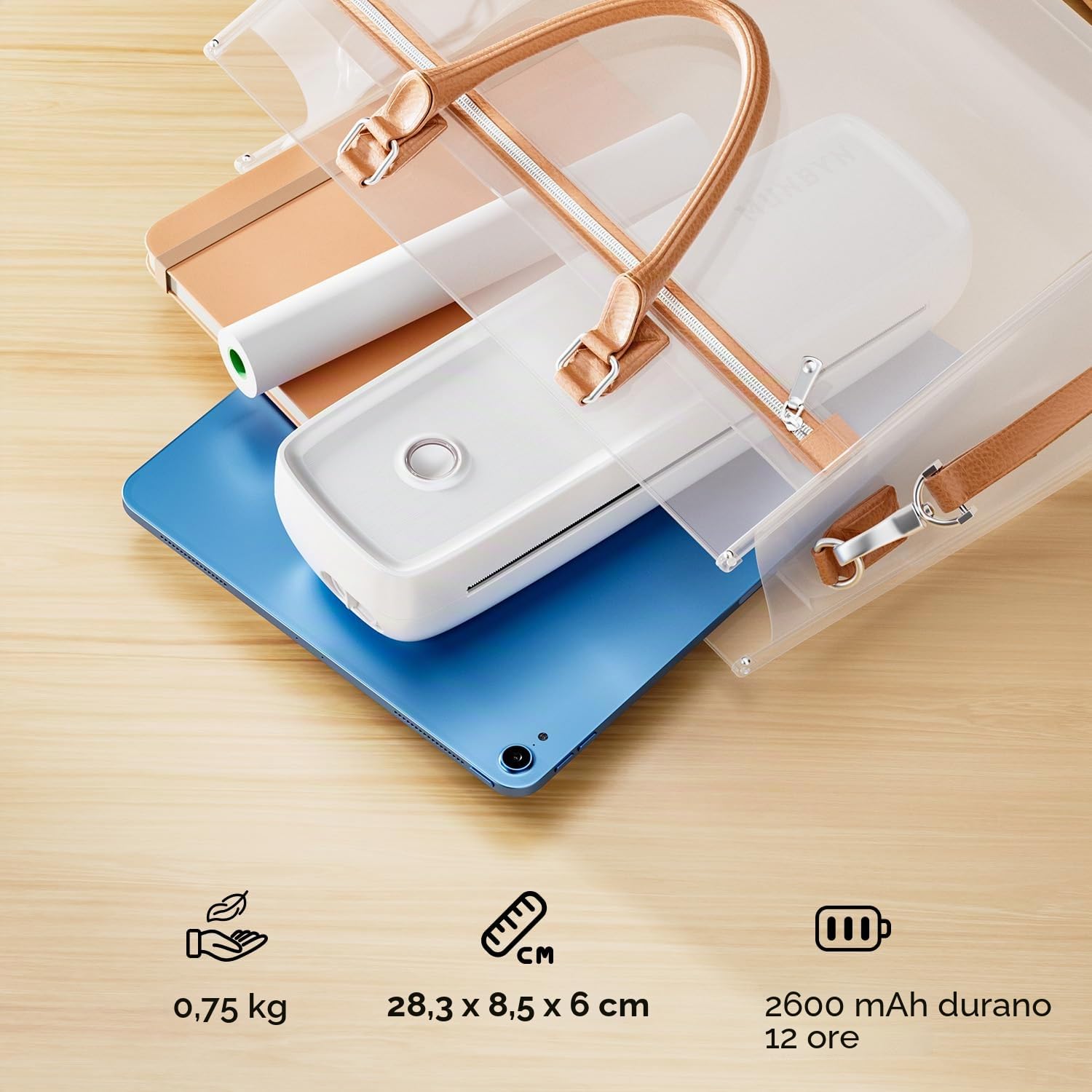 MUNBYN ITP04 Stampante termica portatile A4 Bluetooth 8.5x11 USB-C bianco