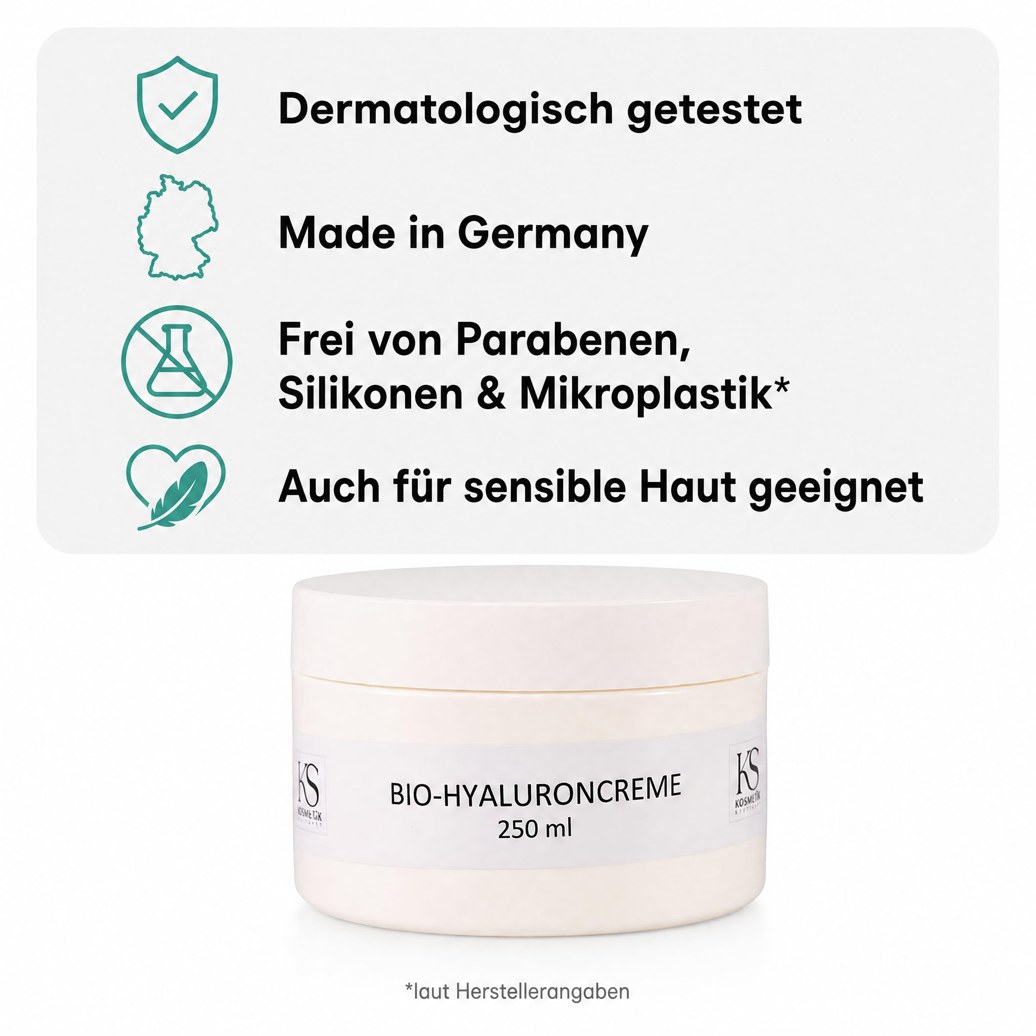 KS Beauty Bio Hyaluroncreme, Tages- & Nachtcreme für trockene Haut, 250 ml | Reichhaltige Feuchtigkeitscreme mit Hyaluronsäure, Q10, Niacinamid & Aloe Vera – dermatologisch getestet, Made in Germany