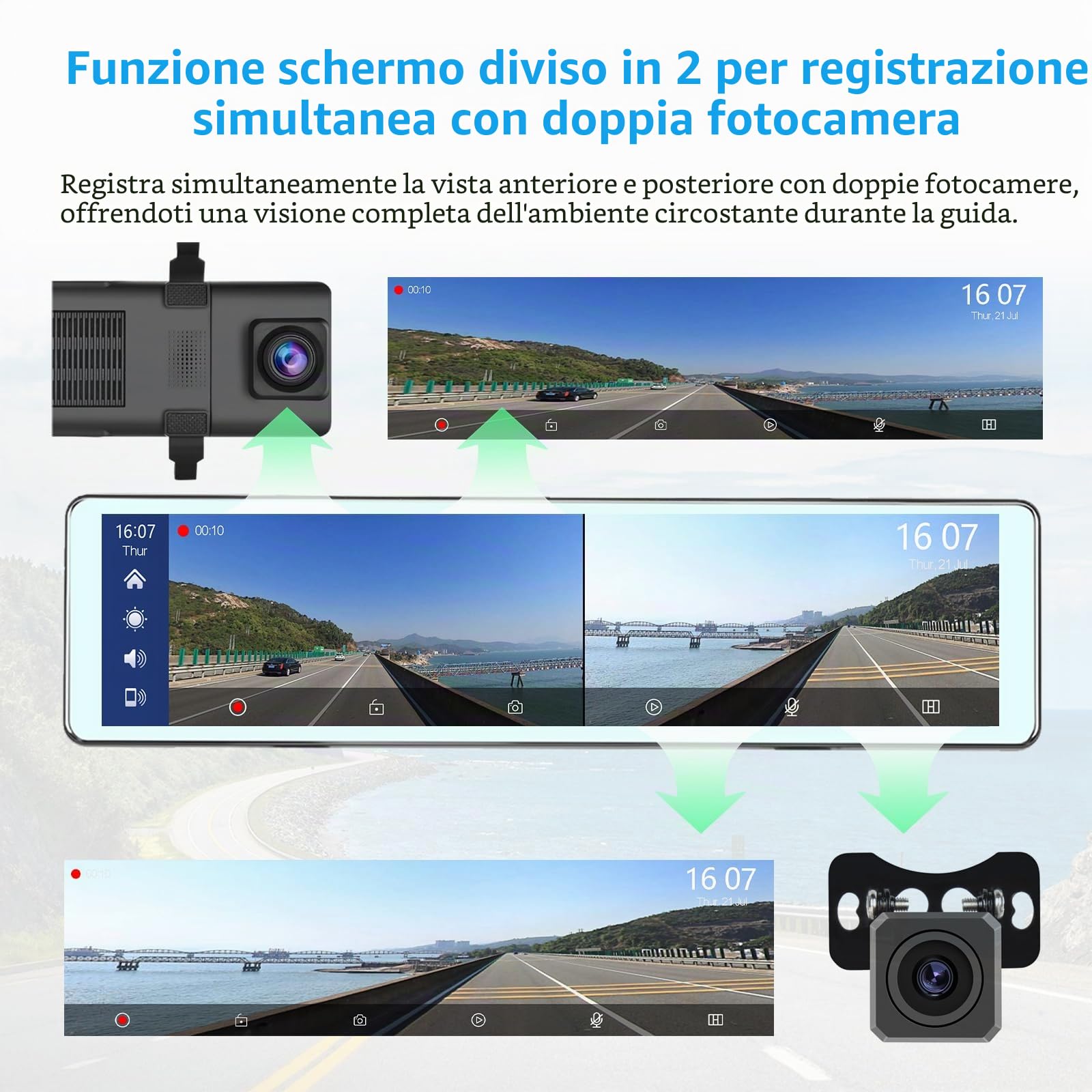 Podofo Specchio Telecamera per Auto per Retromarcia con Wireless Carplay Android Auto 11,26" IPS Touchscreen Mirror Dashcam Doppio Retrovisore Dash Cam per Auto, 2 Schermi Divisi, Bluetooth