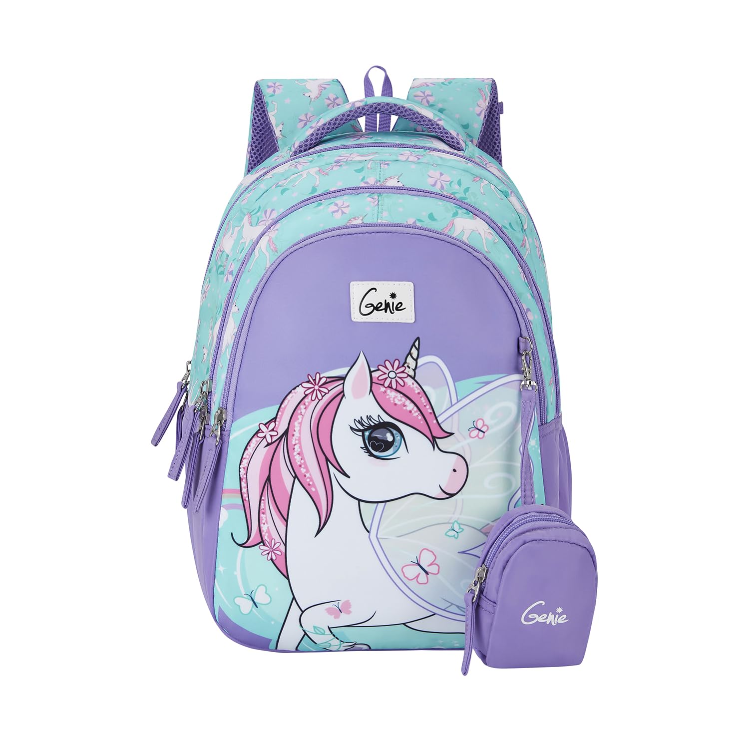 GenieSchool Backpack for Girls |15 In-20 Ltr with Three Compartments,Side Pockets and Light Weight with Padded Shoulders |Best for Books,Stationery, Lunch Box & Essentials