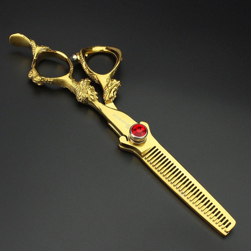 5.5/6/7/7.5/8/9 pulgadas Juego de tijeras de peluquería doradas para adelgazar el cabello y tijeras de pelotijeras para cortar el pelo y maquinilla (6 pulgadas y 2 piezas-C)