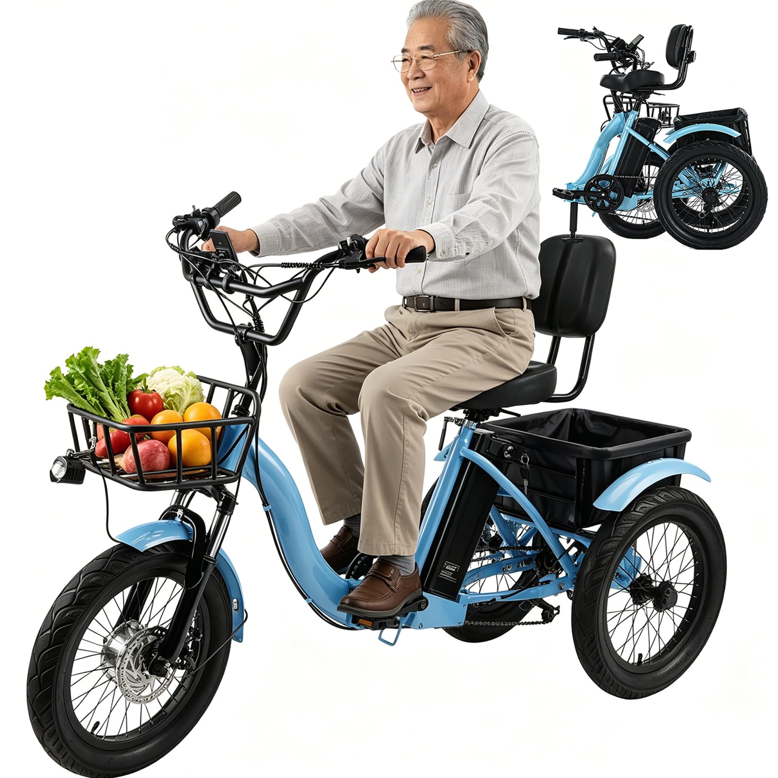 Triciclo Elettrico Pieghevole Per Adulti, Modello Con Ruote Fat Da 18″, 3 Modalità Di Guida, Batteria Da 48V 13Ah (Autonomia Di 44km) E Doppio Sist-ema Frenante, Per Gite E Commissioni Blue
