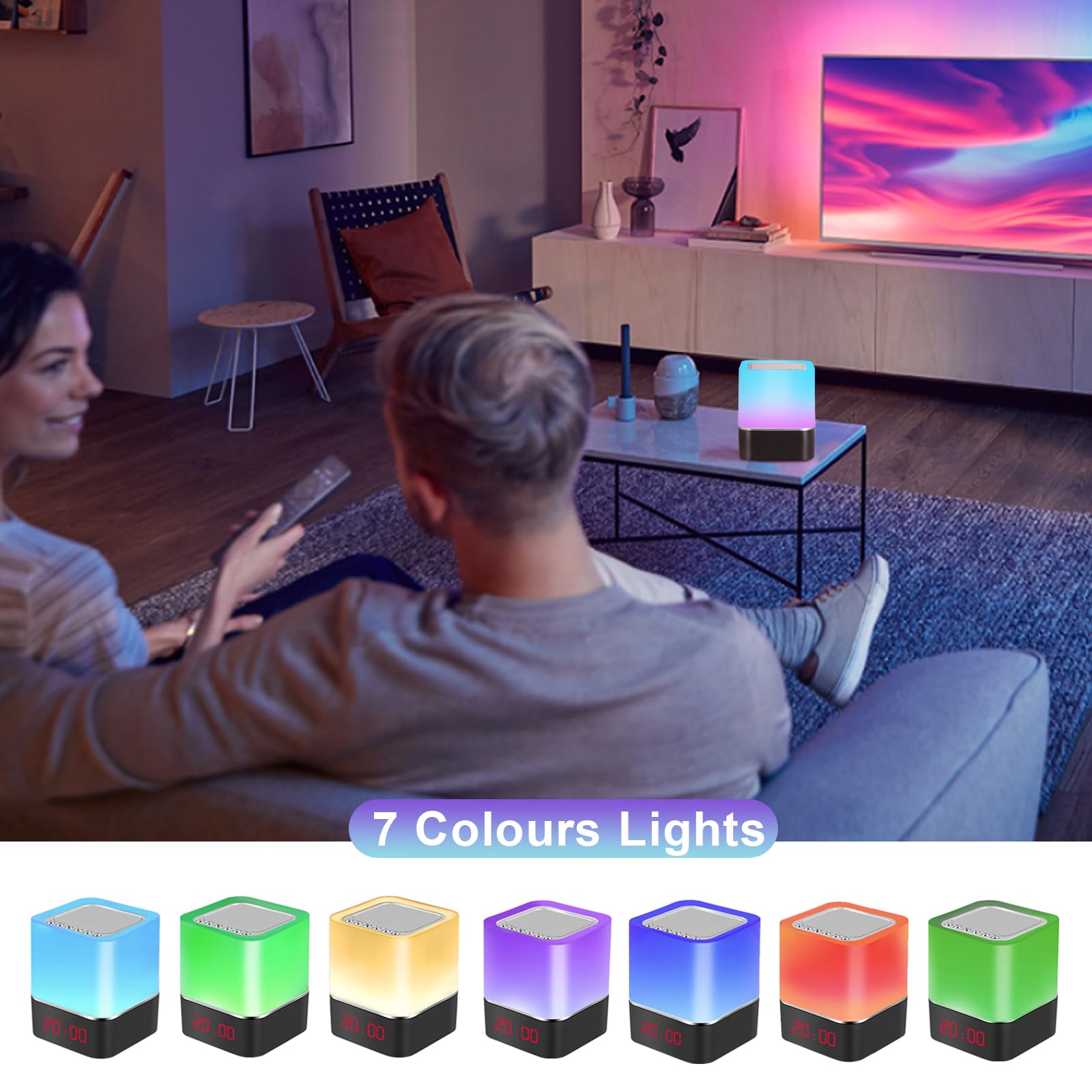 5 en 1 Réveil Lumineux Wireless Réveil, Lampe de Chevet à Commande Tactile à 7 Couleurs Changeantes, Haut-Parleur Wireless Portable, Lecteur MP3 pour Cadeau de Noël pour Hommes/Femmes/Enfants