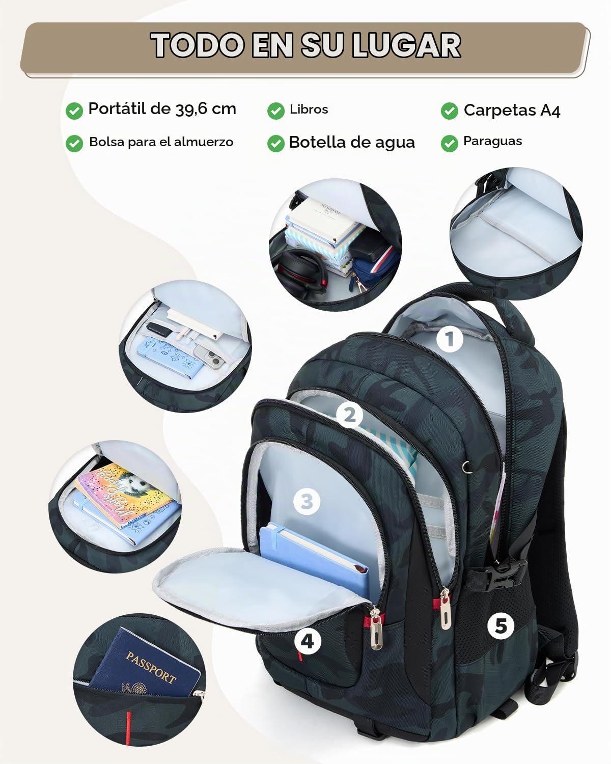 Amythe Mochila con Ruedas para Chicos - Gran Capacidad, Camuflaje Verde | Trolley Escolar 6 Ruedas con Carrito Extraíble - Mochila Adolescentes para Vuelta al Cole Primaria ESO Instituto – PC 15.6"