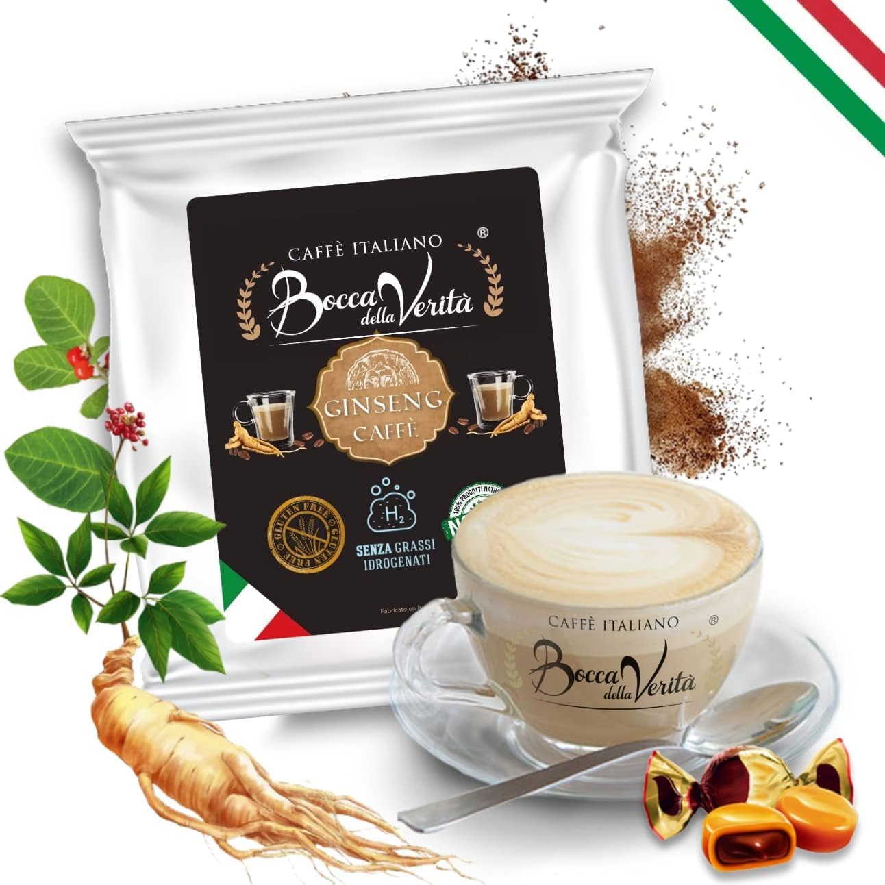 BOCCA DELLA VERITA® - LATTE CARAMELO Soluble, 4 Bolsas de 250g, 100% Producto de Italia, sin Gluten, sin Grasas Hidrogenadas, ni Ogm. Usos: Bebida Caliente, Fría, Cockteleria