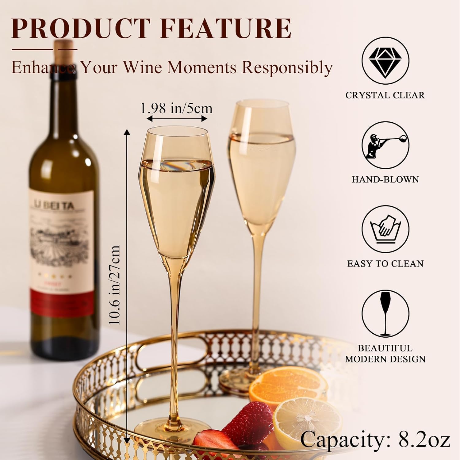 Amber Champagne Flutes Glasses Set of 6, Elegent Hand Blown Flutes Glass, Lead-Free Colored Wine Glasses Set - Ideal for Weddings, Anniversaries, Christmas, Special Days