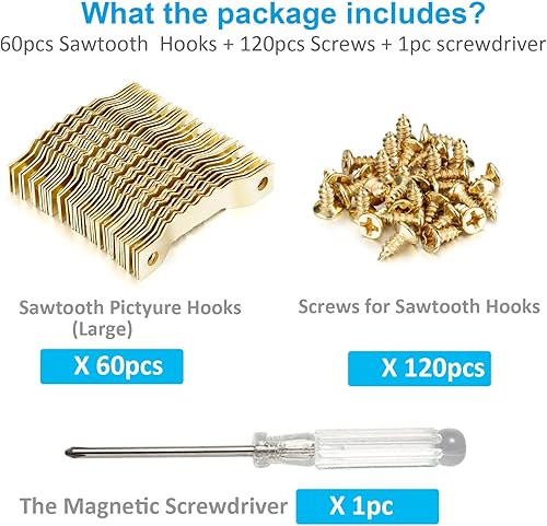 Miniatura 5 de Perchas de dientes de sierra a granel (grande), 60 ganchos dorados de dientes de sierra con 120 tornillos + destornillador, para marcos de fotos,