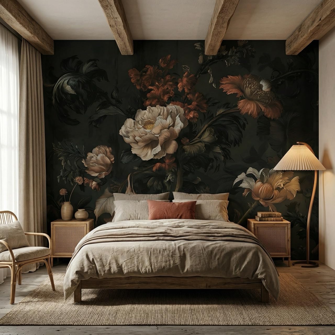Vintage DarkFloral Mural Wallpaper Peel and Stick,Large Wall Murals Wall Paintings Art Deco for Bedroom Livingroom Thick Canvas Waterproof(B7,118 * 82inch)