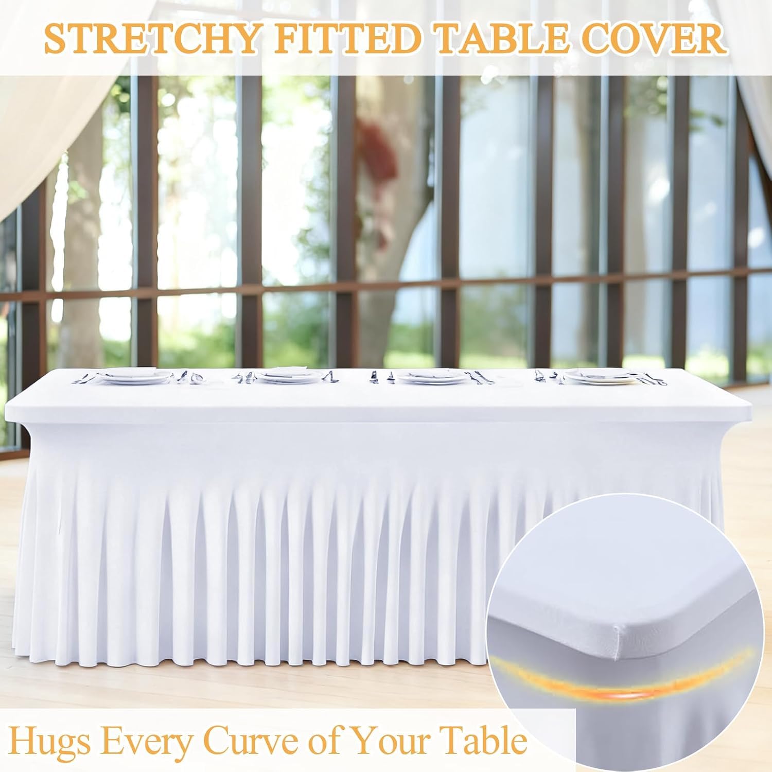 2er Set Tischrock Weiß 183 x 76 cm (6ft) Stretch Spandex Tischhusse rechteckig - Faltenrock Tischdecke & Skirting für Hochzeit Party Buffet Gastronomie - Tischverkleidung Bügelfrei & Waschbar