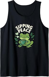 Sipping Peace Frog Tea Cozy Calm Aesthetic Graphic Tank Top
