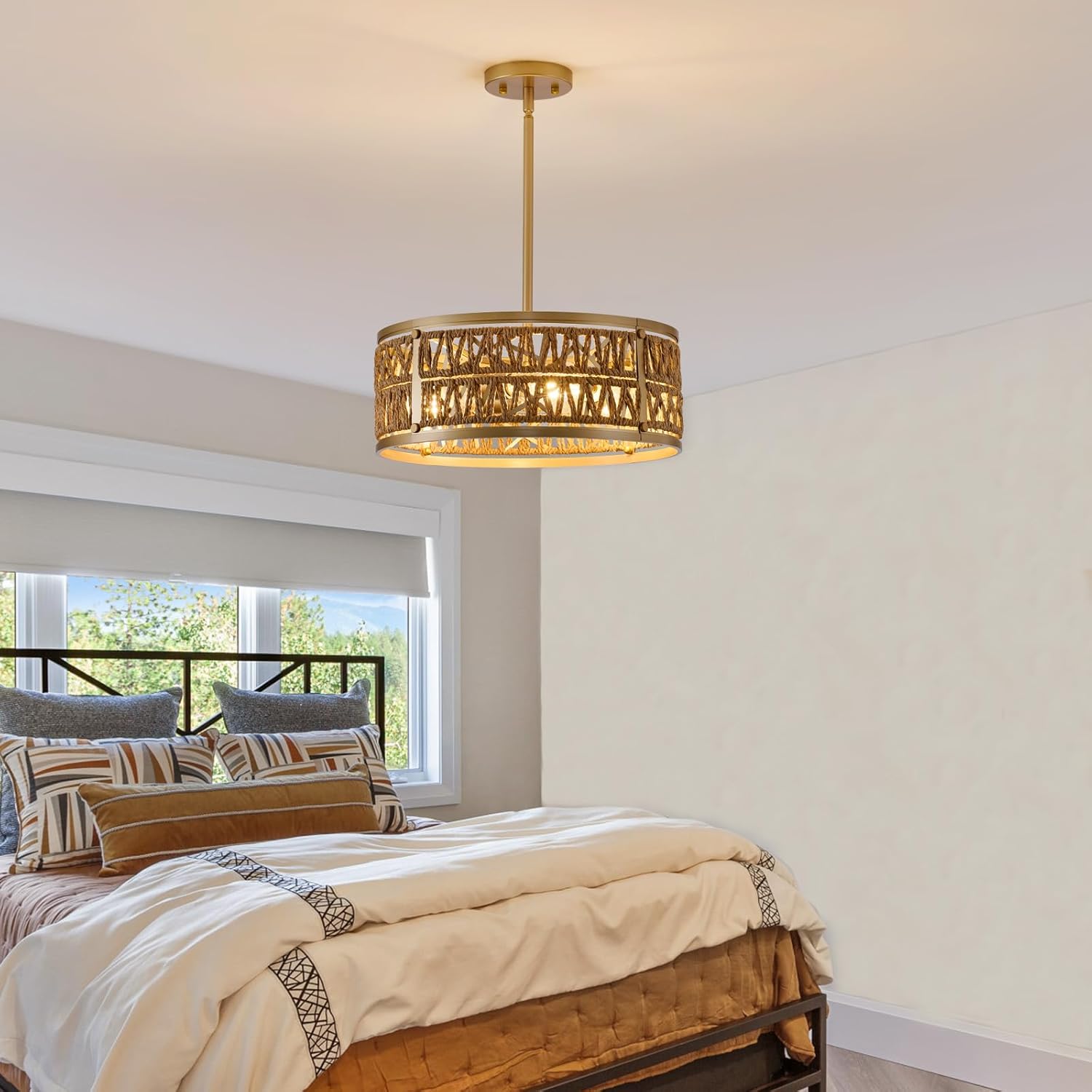 3 Light Rattan Chandelier, Farmhouse Chandeliers for Dining Room, Rustic Boho Hanging Light with Drum Shade, Adjustable Gold Woven Pendant Light for Kitchen Island Living Room Bedroom