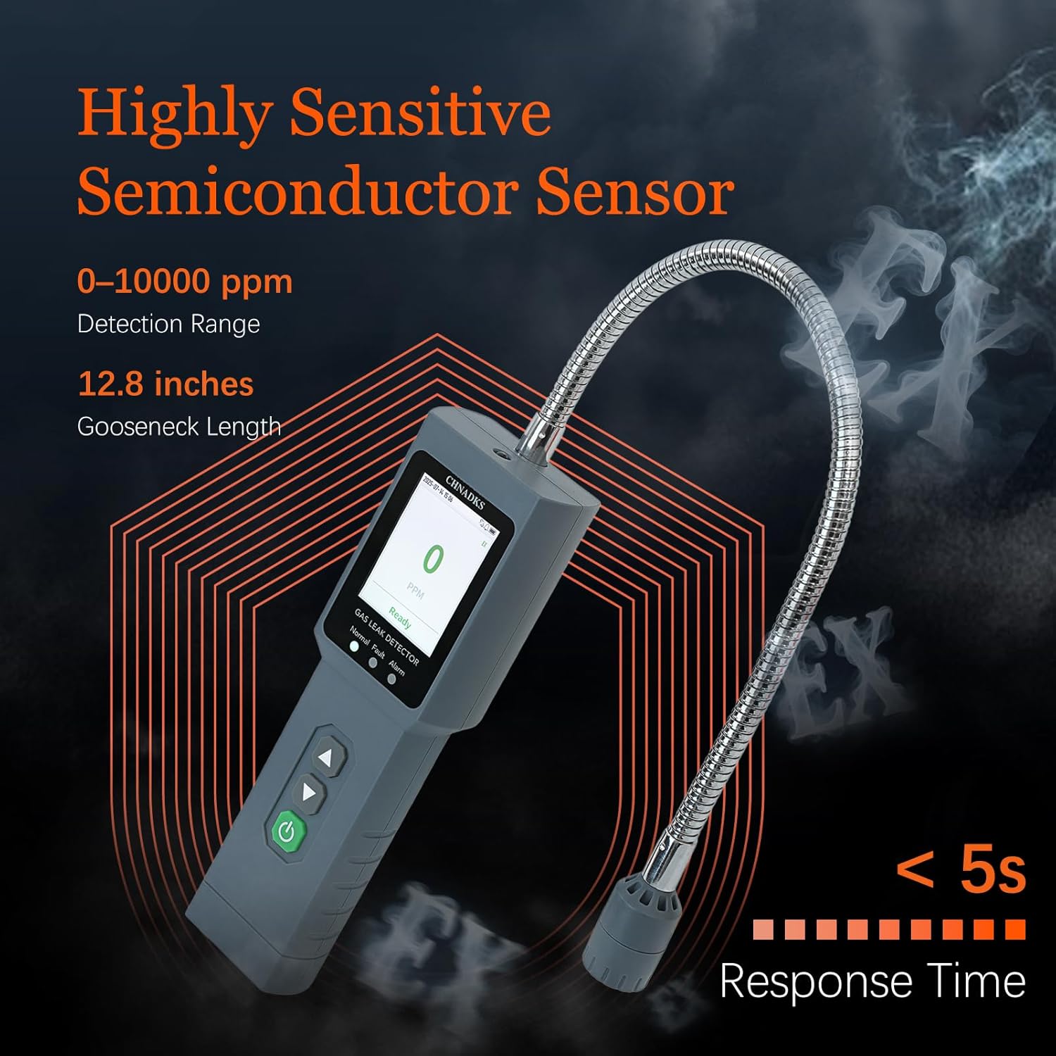 Natural Gas Leak Detector with 12.8 Inch Flexible Probe, Type-C USB Charging, 3 Types Alarm, Range 0-10000 ppm, Portable Combustible Gas Detector for Natural Gas, Propane, Methane for Home, Industrial