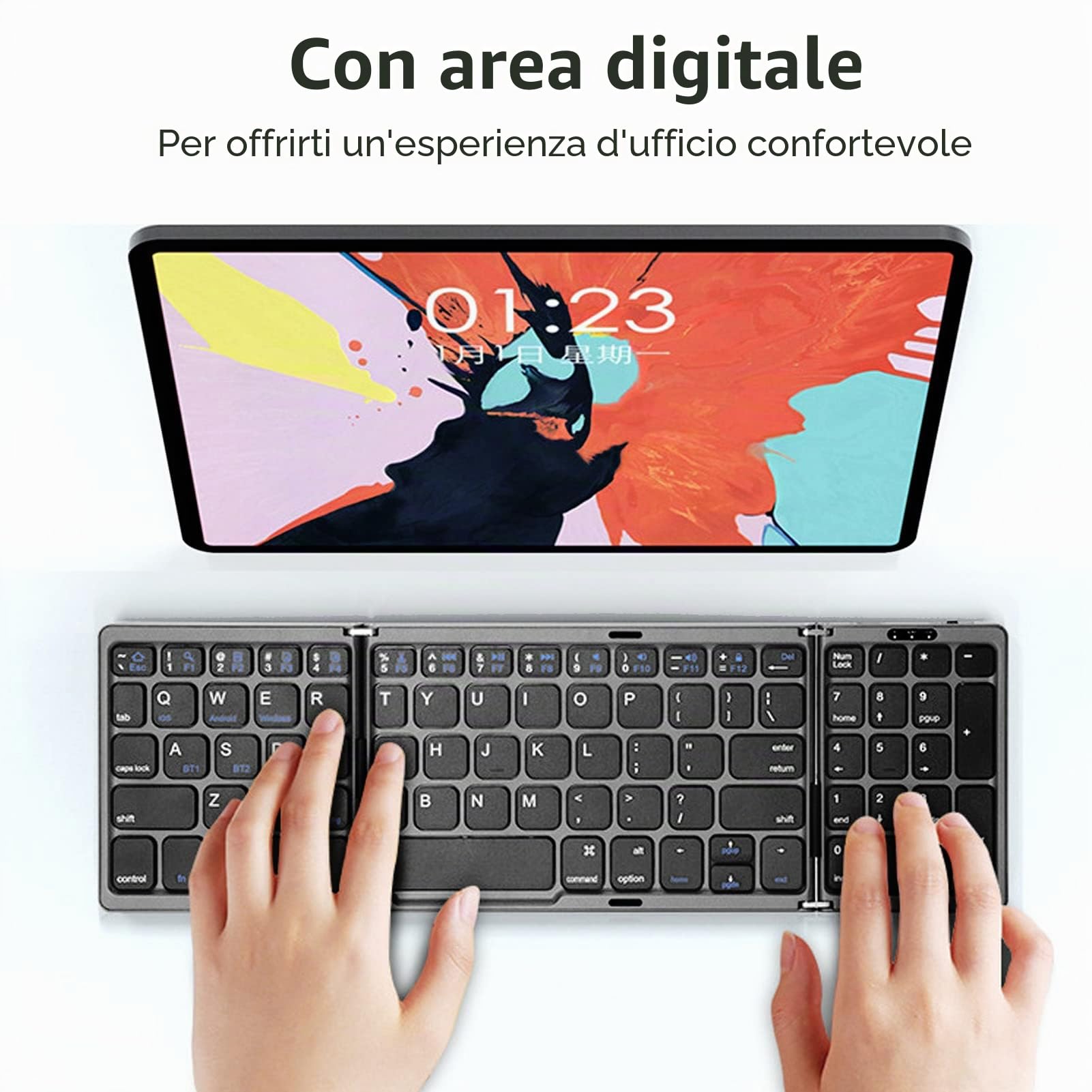 Yunseity Tastiera Bluetooth Pieghevole, Tastiera Wireless Portatile Tripla Piegatura con Tastierino Numerico, Sincronizza Fino a 3 Dispositivi, per iOS, Android e