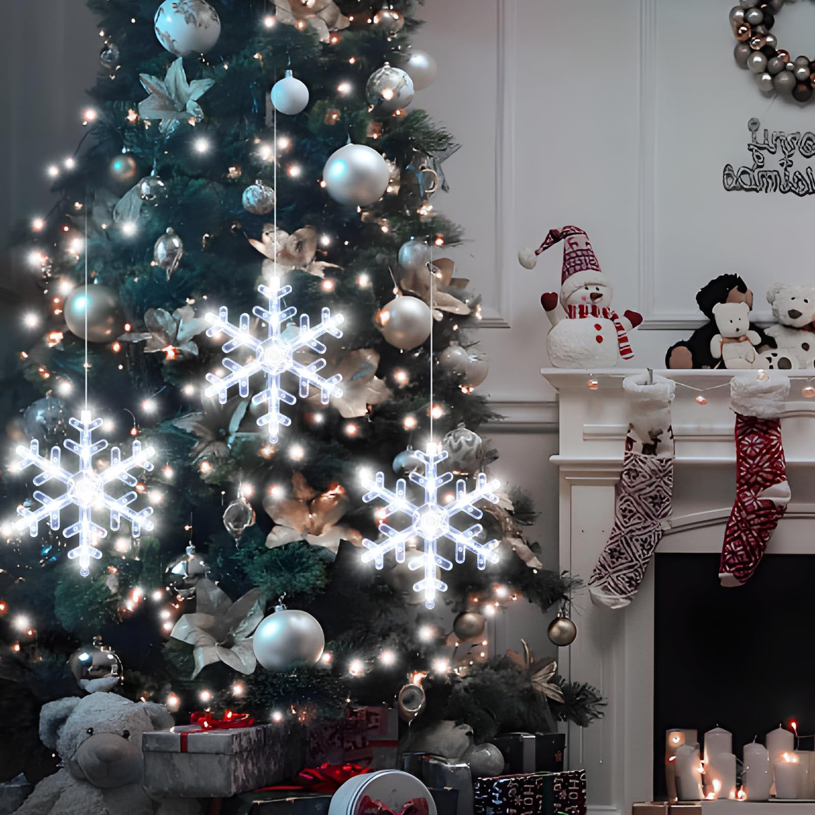 LYUBASA 3Pcs Christmas Window Lights Decorations, Battery Powered Christmas Window Hanging White Lighted Snowflake Shaped LED Sucker Lamp Window Indoor Outdoor Decor