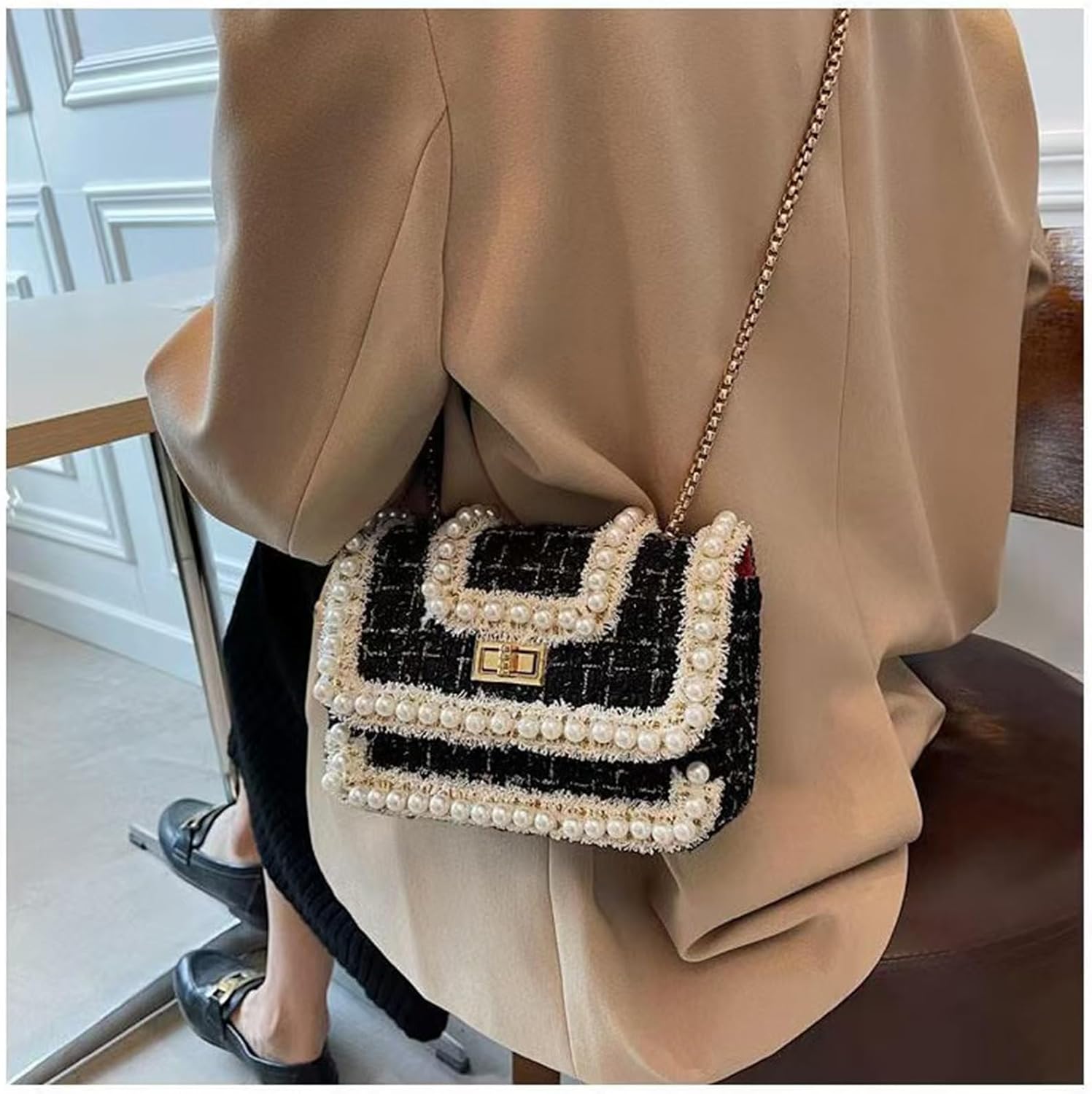 Designer Chain Shoulder Purse for Women Trendy Ladies Quilted Crossbody Bag Clucth Handbags Evening Bag Tweed Purses
