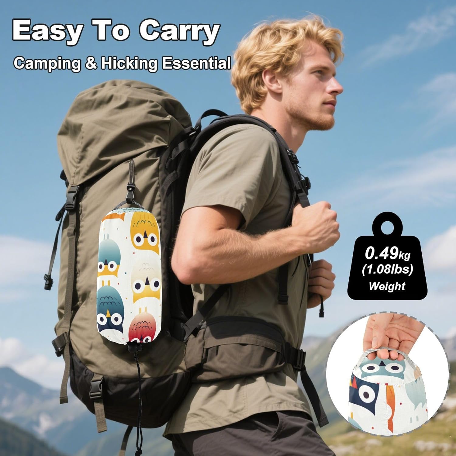 ALAZA Cute Rainbow Owl Camping Hammocks Single or 2 Person 500 lbs Portable Parachute Travel Hammock w/Tree Straps for Hiking Backpacking Indoor Outdoor