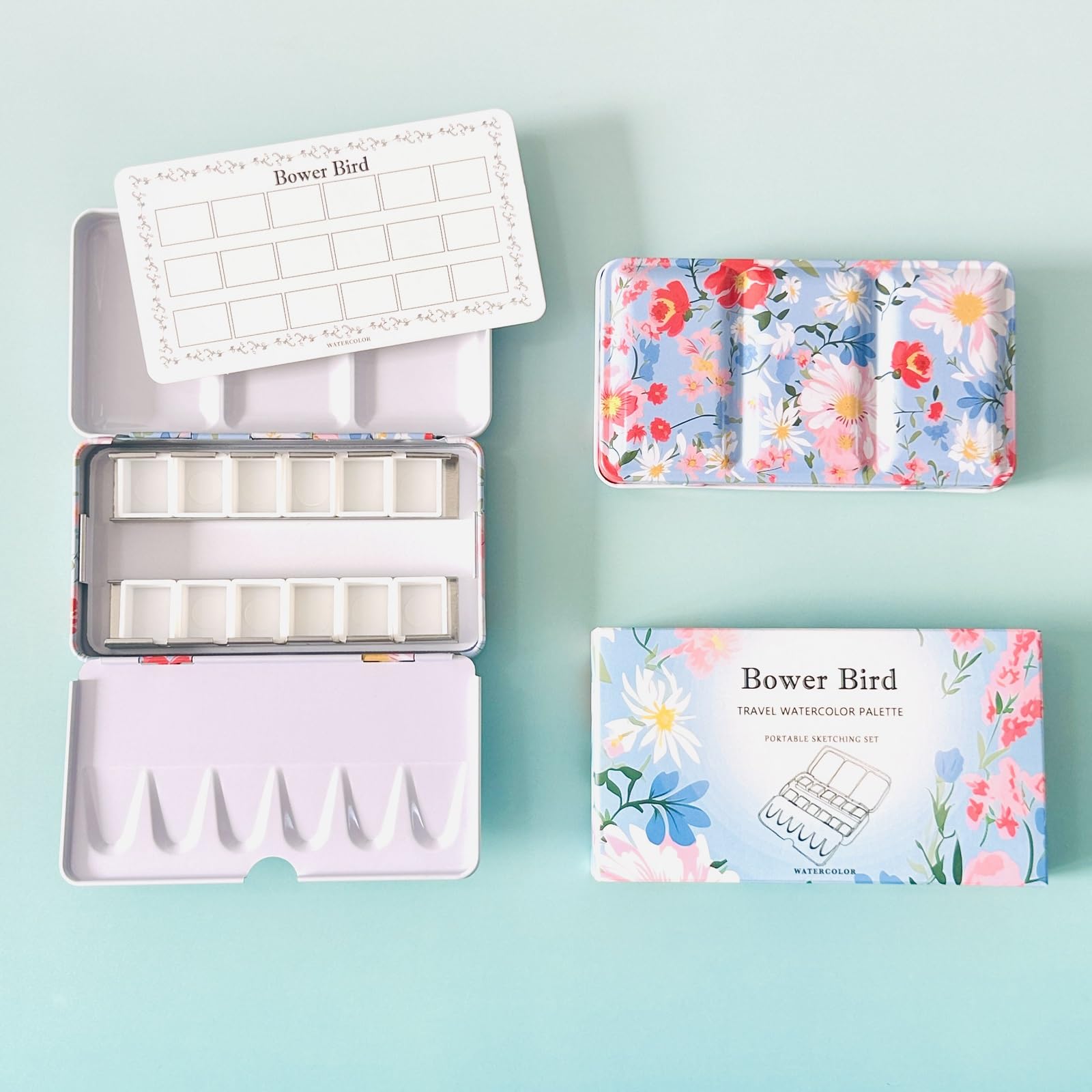 Bower Bird Empty Watercolor Palette, Metal Tin Palette for Artist Watercolors,unique pattern Metal Watercolor Paint Tin for Watercolors Oils and Gouache (12 Wells)