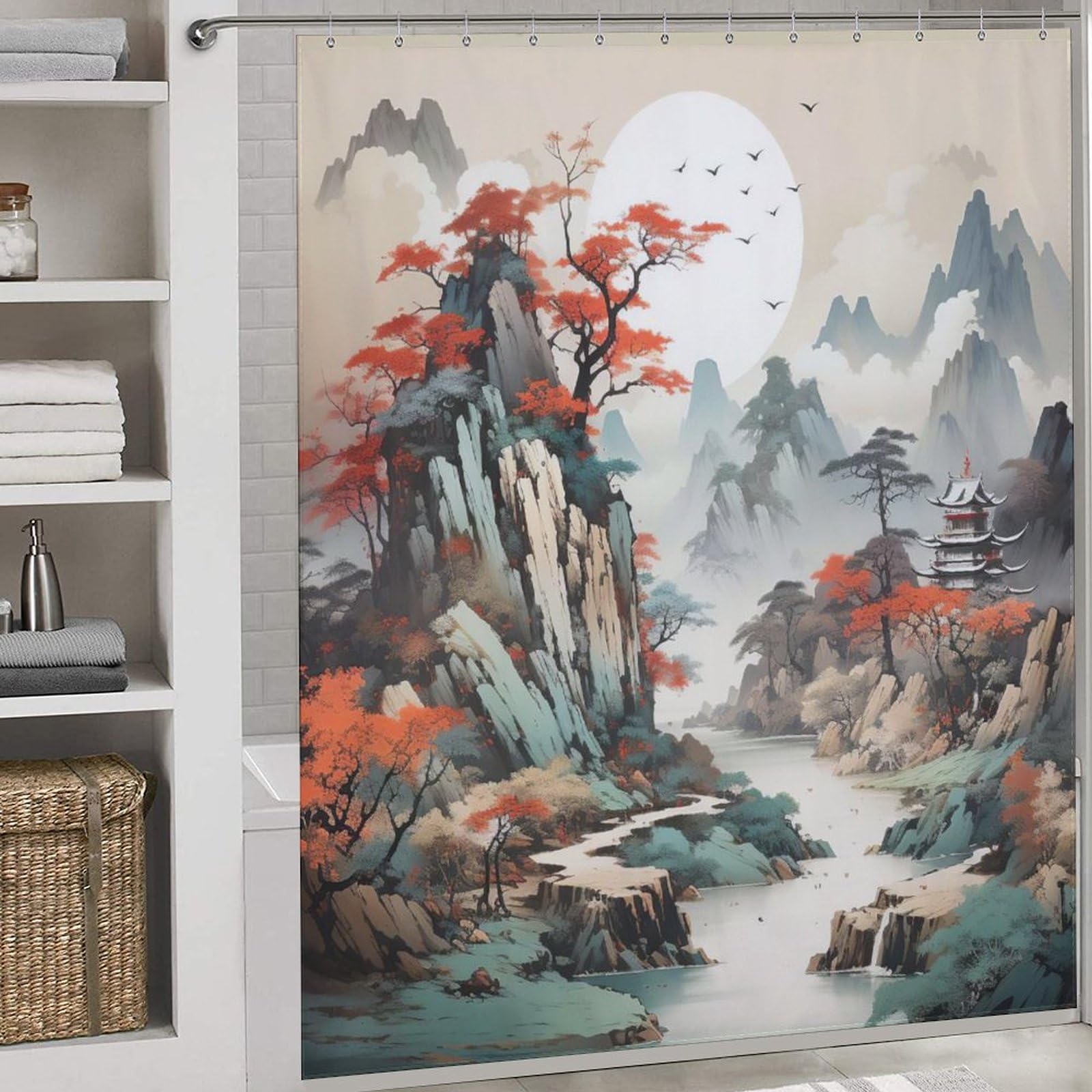 Rideau de douche paysage pour salle de bain zen et moderne en tissu lavable