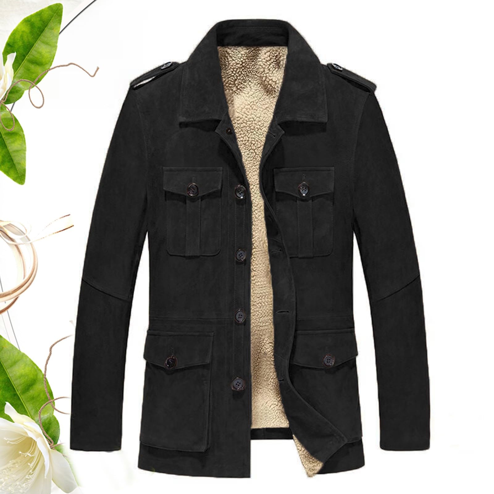 Giacca in pile da uomo, calda, in pelle scamosciata, con molte tasche e bottoni, giacca invernale spessa, foderata, tinta unita, classica, a maniche lunghe