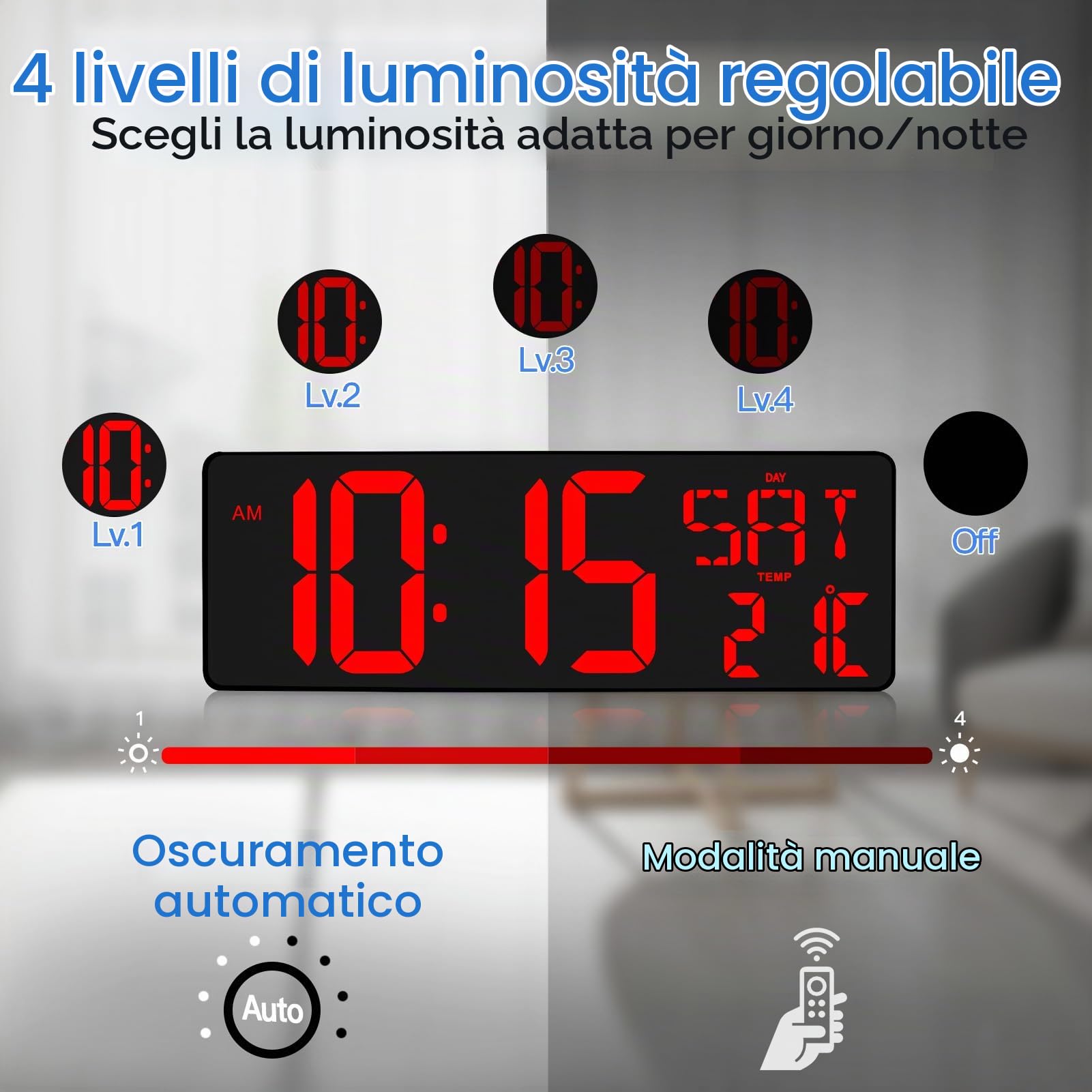 XREXS Orologio Parete 17'' LED Rosso Sincronizzazione Bluetooth | Luminosità regolabile, mostra ora, data e temperatura, calibrazione automatica, multifunzione per soggiorno e ufficio