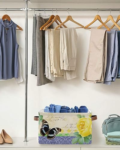 Miniatura 5 de Yellow Flower Storage Basket for Organizing Shelves, Collapsible Storage Bins Boxes with Handle, Purple Retro Botanical Butterfly Modern Abstract