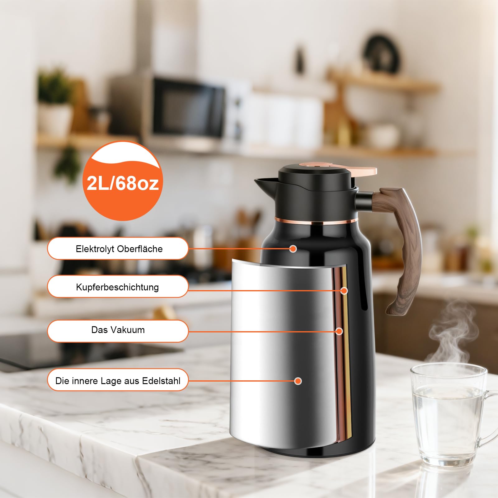 2-Liter-Isolierkanne aus Edelstahl, Thermoskaraffe mit Ein-Knopf-Deckel für langanhaltende Wärme- und Kälteisolierung, ideal für Kaffee, Tee, Milch (Schwarz)