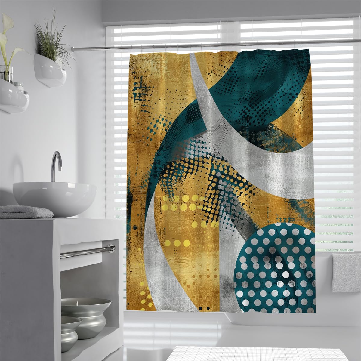 UIRINGART Minimalist Bathroom Curtains W150xL200cm Abstract Yellow Teal Grey Dots Geometric Pattern Mildew Mould Resistant Polyester Waterproof Bathroom Wet Room Tub
