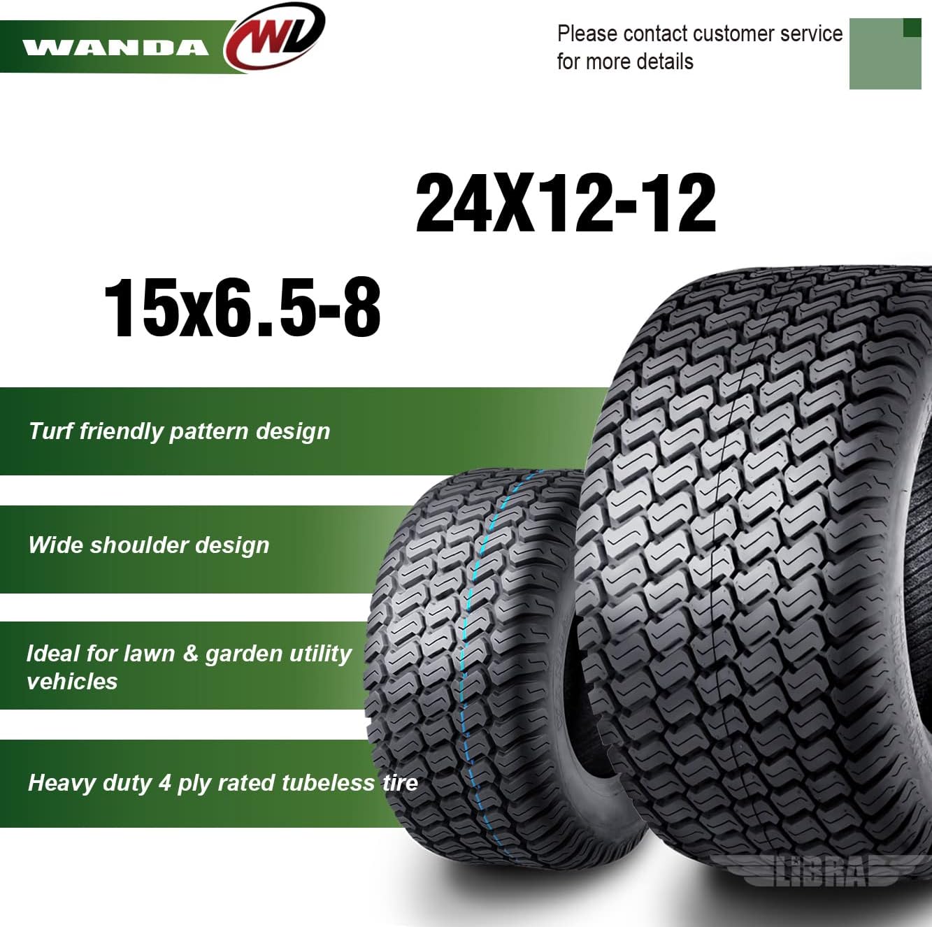 WANDA Set 4 15X6.5-8 & 24X12-12 Lawn Mower Tractor Cart Turf Tires 4 Ply-13018/13051