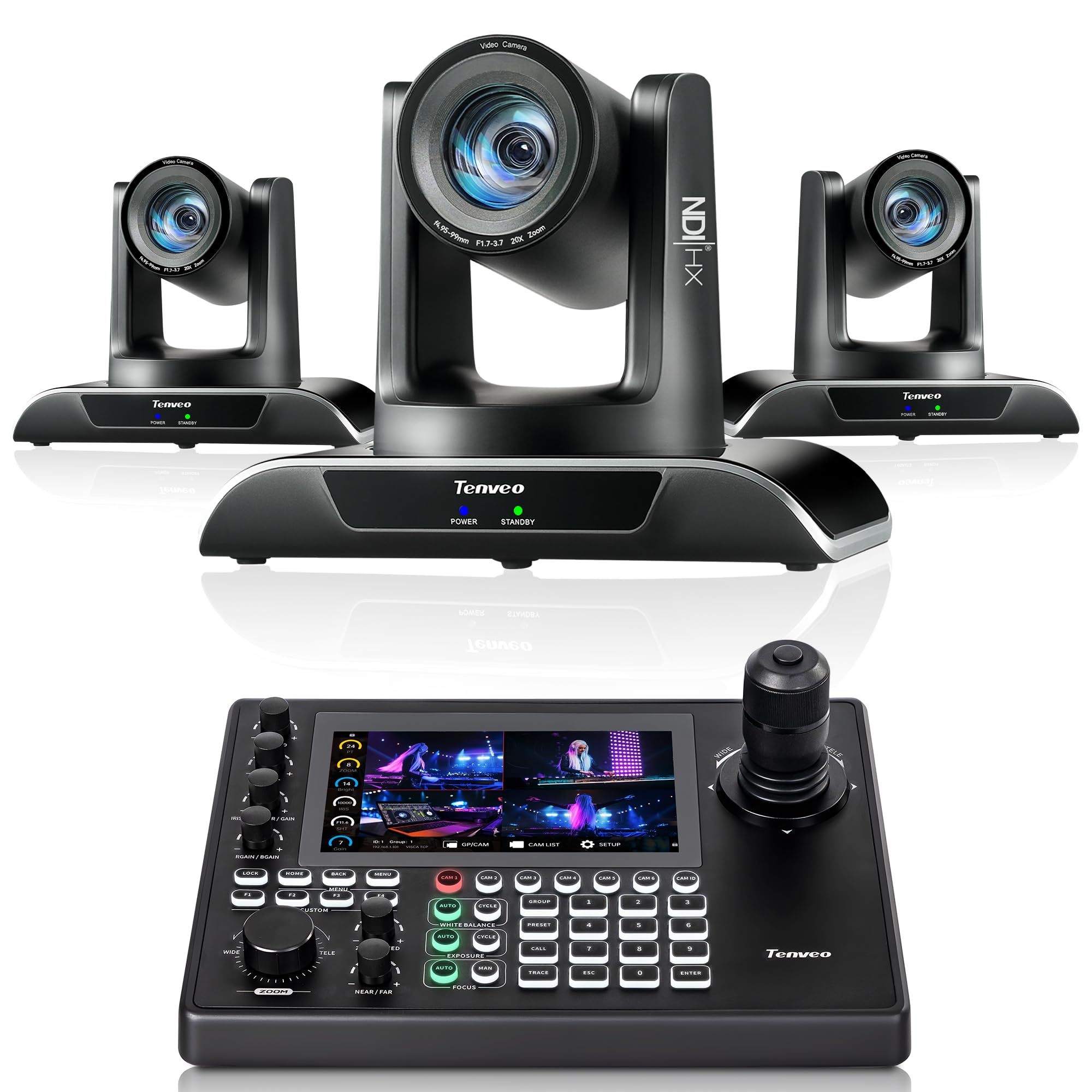 Tenveo NDI PTZ Kamera 20x Optischer Zoom mit AI Auto-Tracking, HDMI/LAN/USB3.0 PoE（VHD20H-AI-N*3）+ NDI|HX3 Controller für PTZ-Kameras mit 7"-Touchscreen