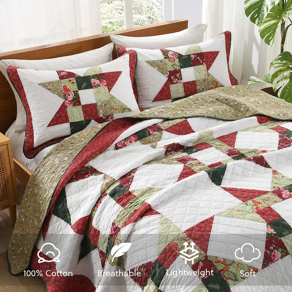 Cotton Quilt Bedding Sets 3 Pieces Soft Reversible Coverlets Luxury Star Real Patchwork Bedspread, Red White, Queen Size - Image 3