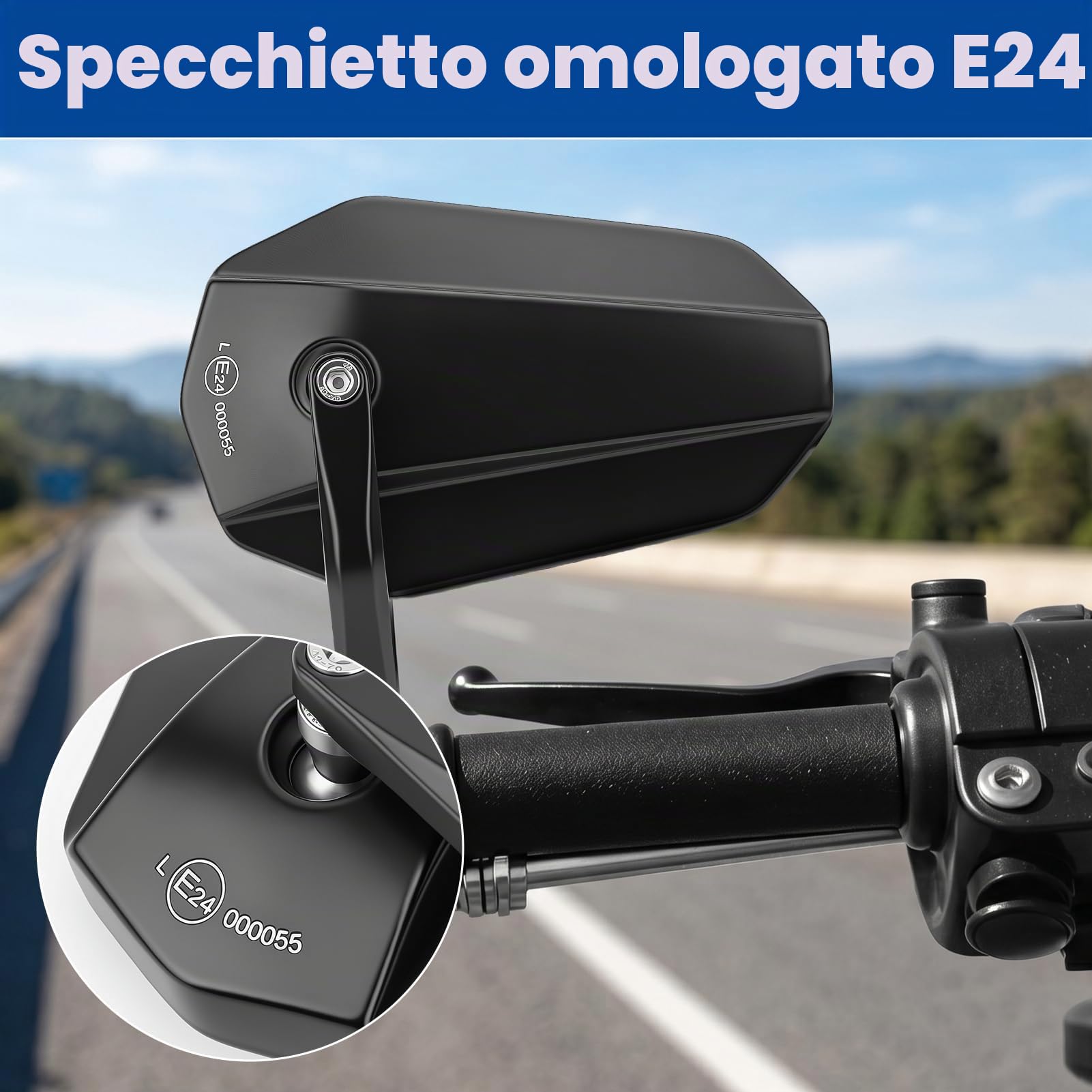 Specchietto Retrovisore per Manubrio Moto, Ruotabile a 360° Specchietti | Rotazione di 360°, Regolazione semplice, E24 Omologati, impermeabile e Resistenza sismica, per maggior parte moto scooter