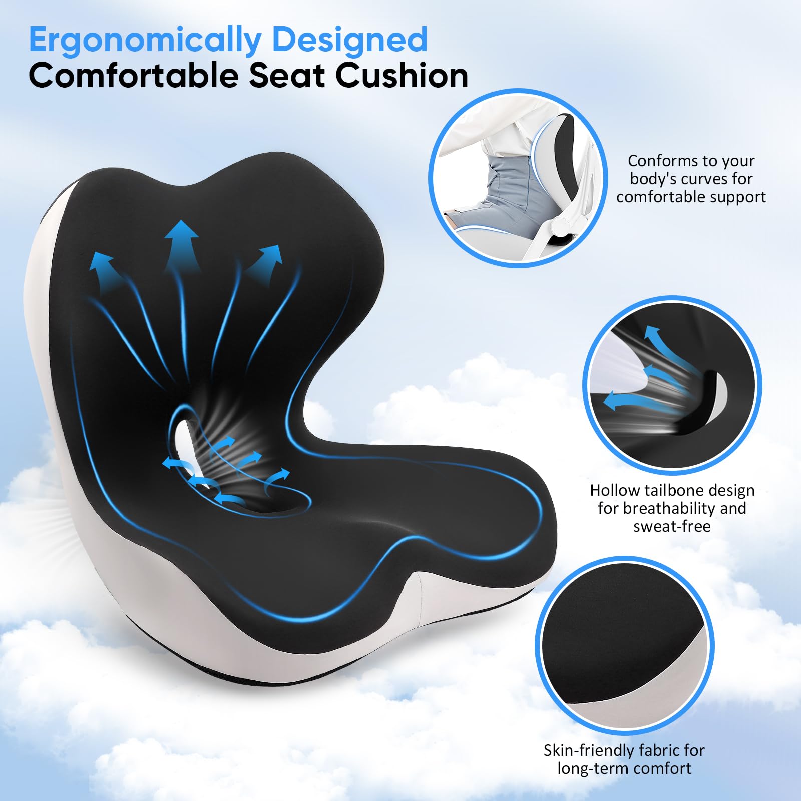 Forma L Cojín Silla Oficina, Cojín Ergonómico para Silla de Oficina con Respaldo, Asiento en Espuma de Memoria, con Zona Hueca y Transpirable, Soporte Columna Vertebral, Asiento para Coche, Sillón