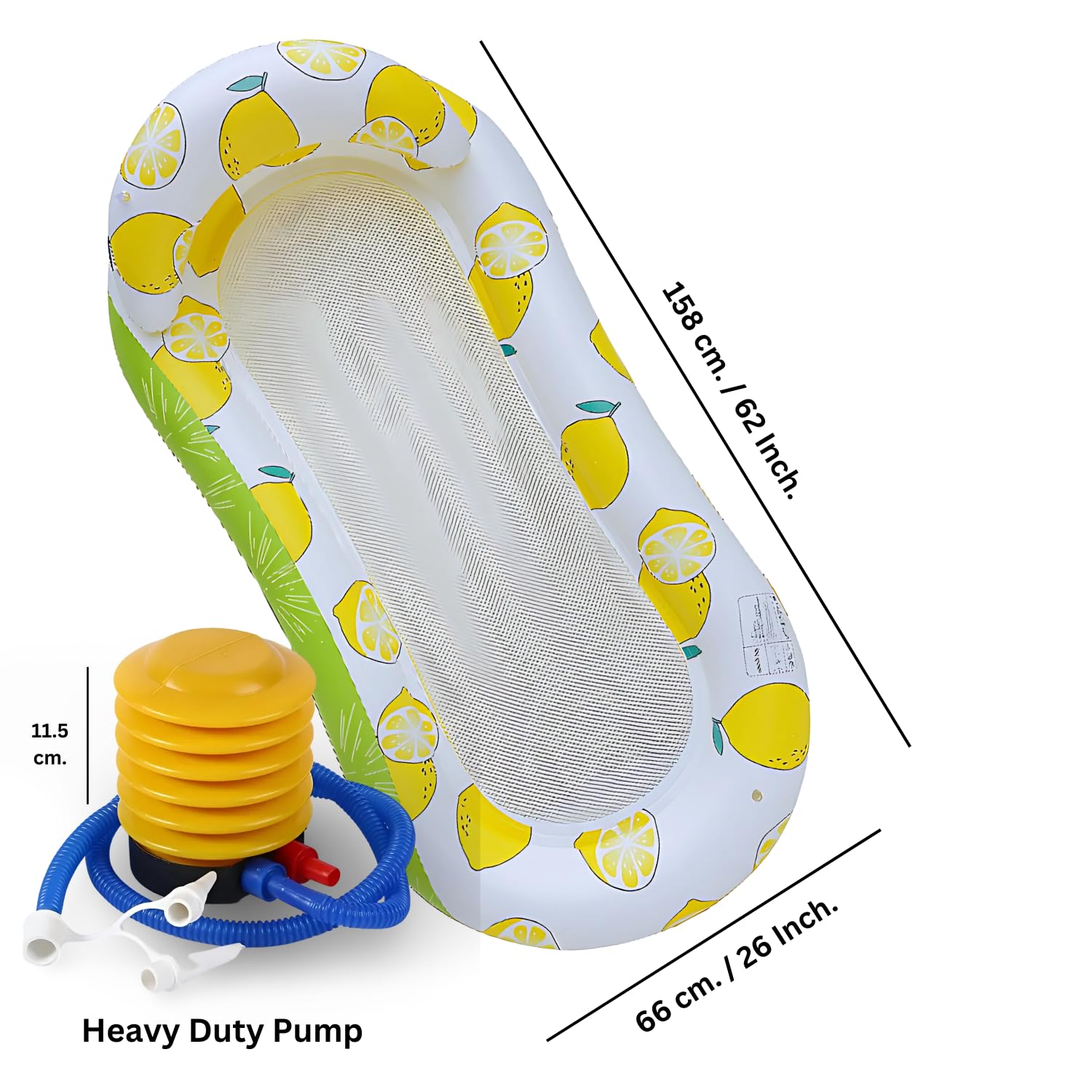 SOLDRIGHT SHOP Inflatable Swimming Pool Raft with Lemon Pattern – with Heavy Duty Air-Pump, Beach & Lake | Comfortable Water Bed, Net Raft| Summer Accessory for Relaxation & Sunbathing (1 Pcs.) 3
