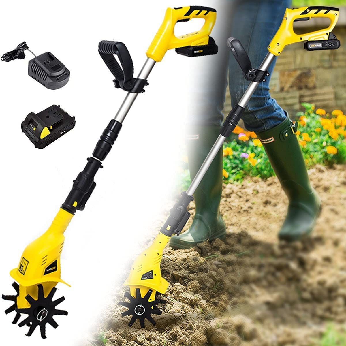 Motobineuse de Jardin, motoculteur portatif, avec Batterie au Lithium 4000 mAh et Chargeur, motoculteur électrique sans Fil 20 V, cultivateur Portable pour Jardins avec poignée rég