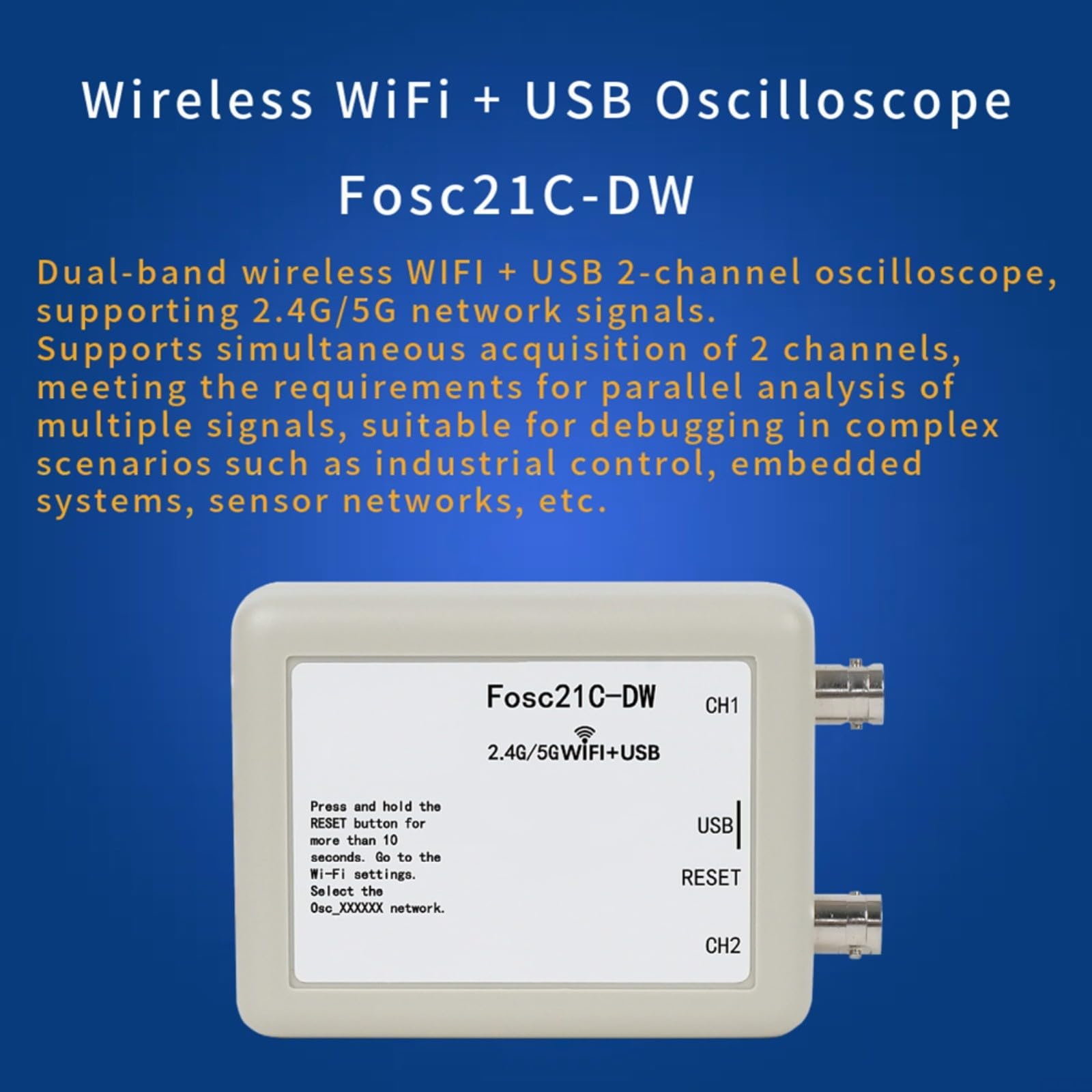 Oscilloscopio a doppio canale Fosc21C-DW con WIFI a doppia banda e USB per analisi del segnale in laboratorio R&S automazione industriale e test del dispositivo