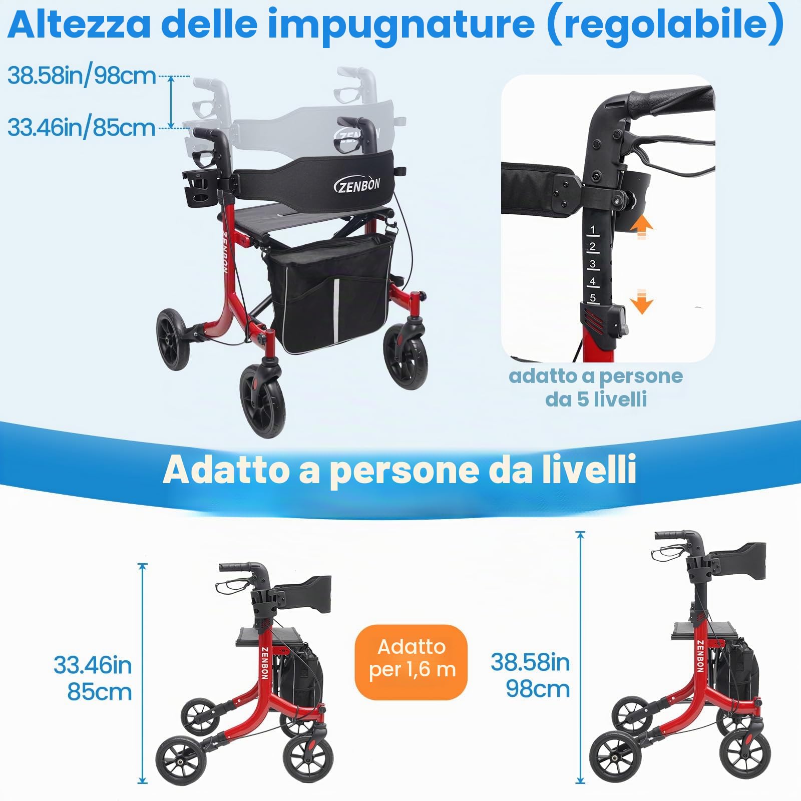 Deambulatore in Alluminio Ultraleggero con 4 Ruote: Rollator Stretto per la Casa, Deambulatore con Seduta Pieghevole per Anziani - Rollator da Viaggio con Maniglia Regolabile in Altezza (Rosso)