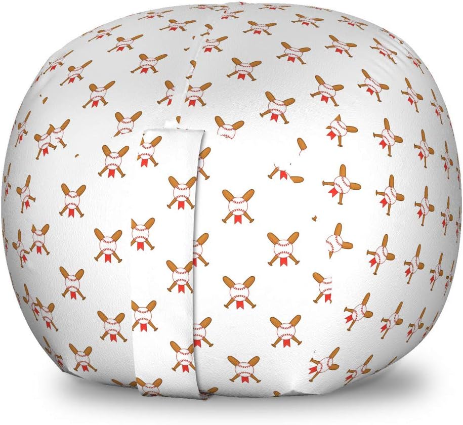 Lunarable Baseball Storage Toy Bag Chair, Crossed Bats with Balls Boys Design Cartoon American Sports Theme, Stuffed Animal Organizer Washable Bag, Large Size, Pale Brown Red White