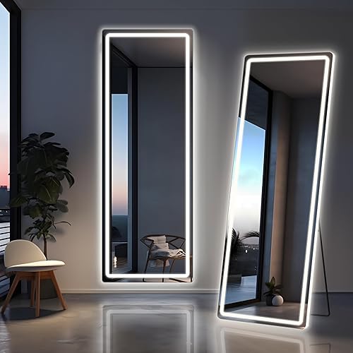 COFENY Full Length Mirror, 64" x 21" Led Mirror Full Length White Floor Mirror with Lights Standing, Leaning or Hanging, Rectangle Full Body Mirrors Standing Mirror for Bedroom Living Room Bathroom
