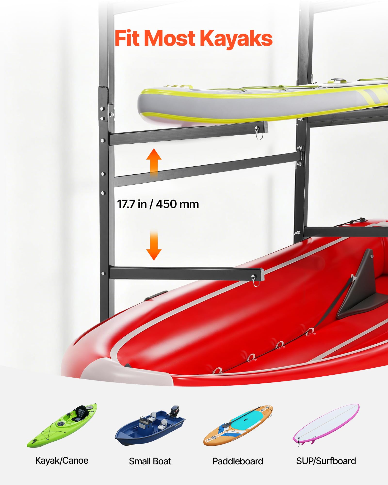 VEVOR Freistehendes Kajak-Aufbewahrungsregal für 4 Kajaks/Kanus/Surfbretter/Paddleboards, Kajakständer für Außen- und Innenbereich, Einstellbarer Kajakhalter, 90 kg Belastbarer Aufbewahrungsständer