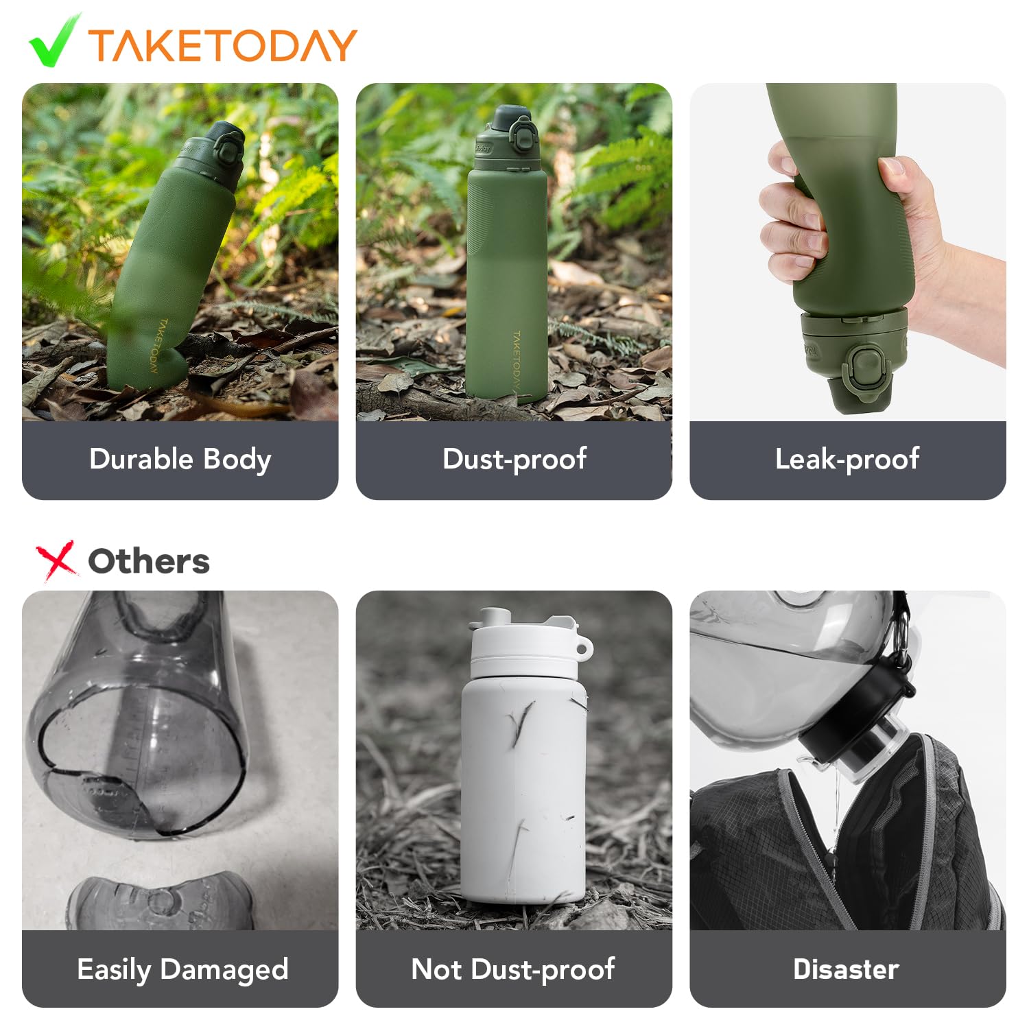 TakeToday Faltbare Silikon-Wasserflaschen, 900 ml, faltbare Reiseflasche mit Gurt, BPA-frei, auslaufsicher, für Wandern, internationale Reisen, Outdoor (grün)