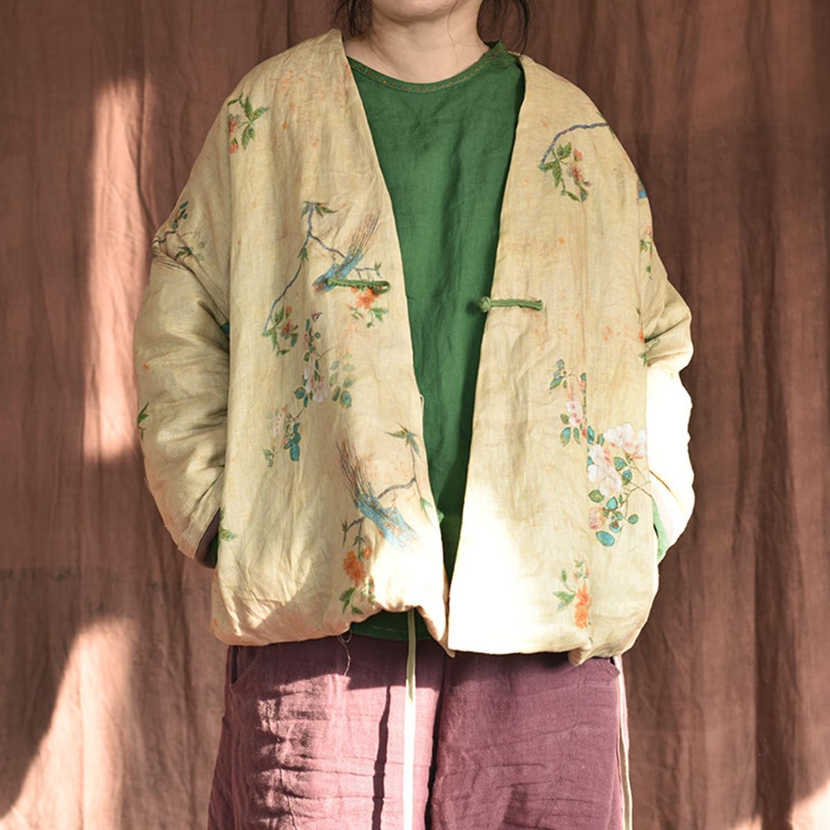NFYM Women's Lightweight Quilted Kimono Jacket Linen Printed Open Front One Button Vintage Chinese Hanfu Style Outwear