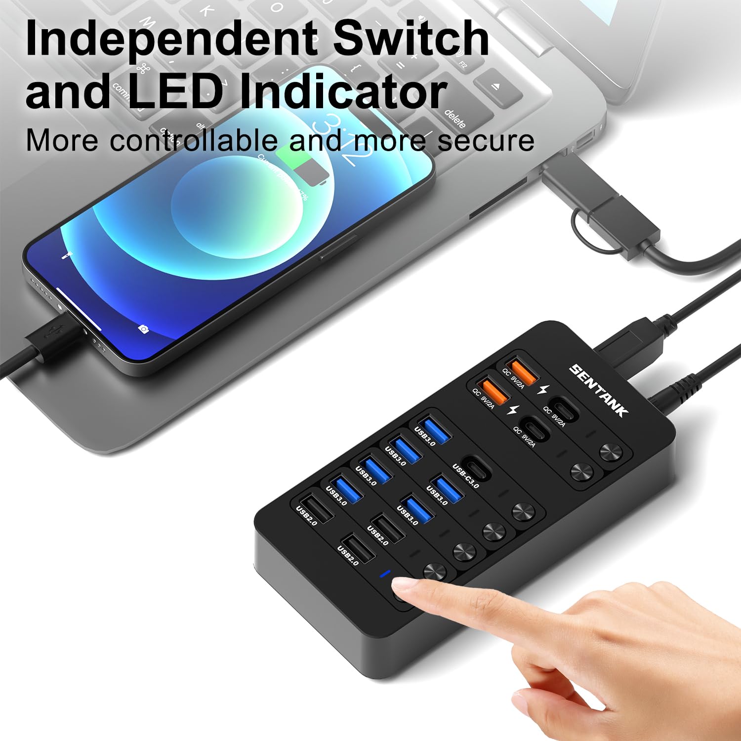 Concentrador USB 3.0 de 14 puertos (6 puertos USB 3.0 de datos + 4 puertos de carga rápida) con interruptor de encendido/apagado LED independiente, con adaptador de corriente de 60 W para