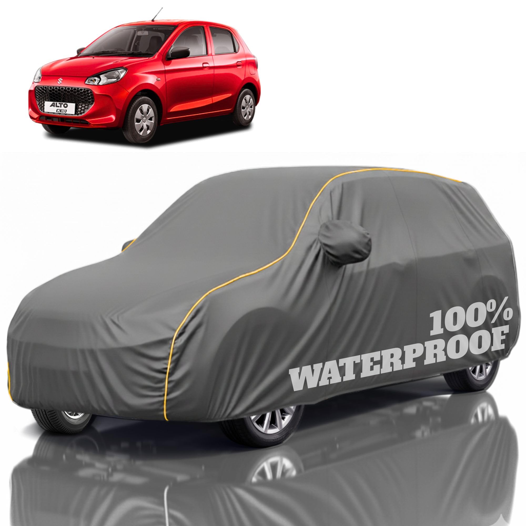 Premium Polyester Car Cover Alto K10 All-Weather Protection from Rain, Dust &amp; Sun | UV Resistant Fabric | Full Body Secure Fit for Outdoor &amp; Indoor Parking Grey