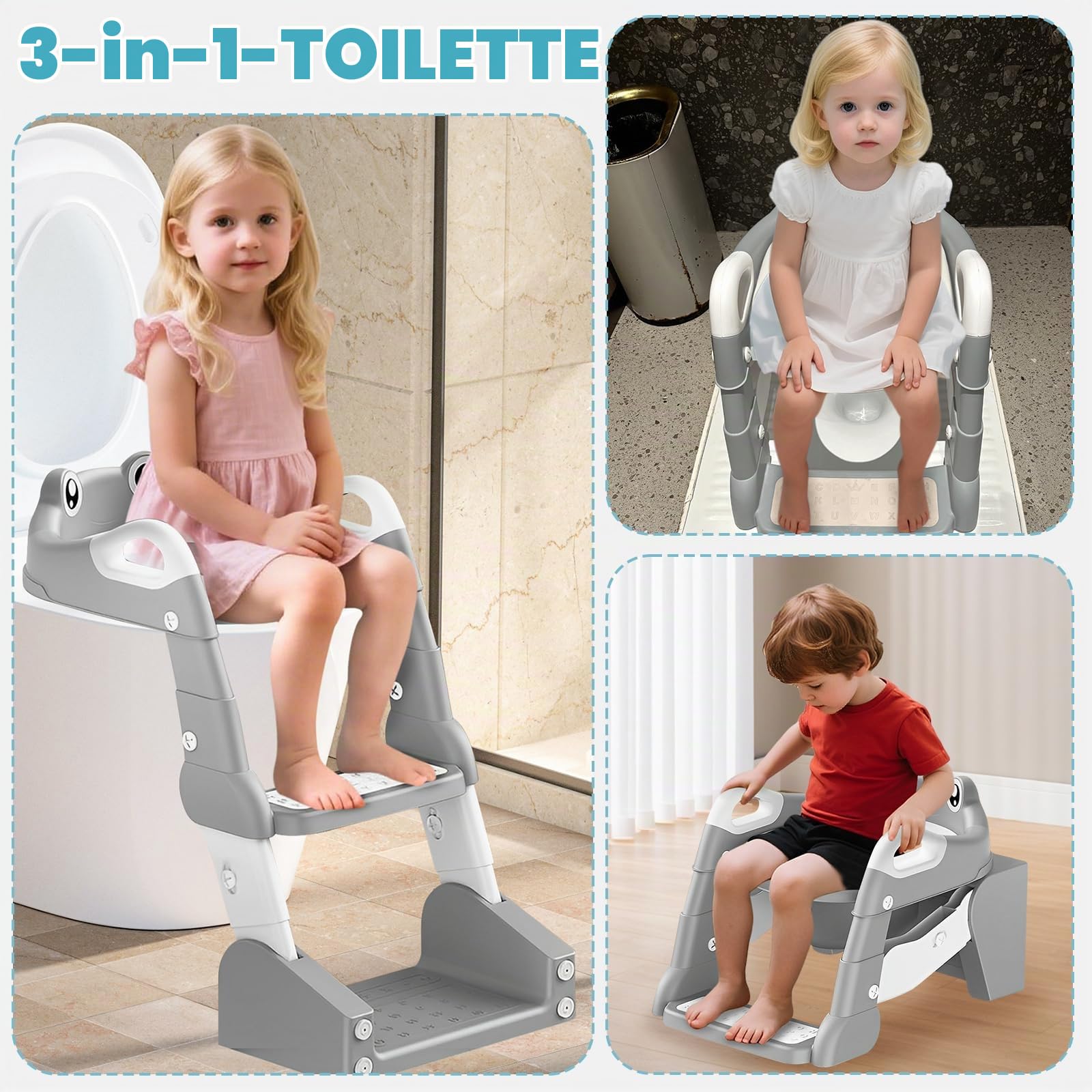 Toilettensitzverkleinerer für Kinder, 2 in 1 Toilettensitzverkleinerer für Kinder, Toilettensitz mit Stufen, Toilettenadapter mit PU-Kissen, Spritzschutz und rutschfestes Sauberkeitstraining