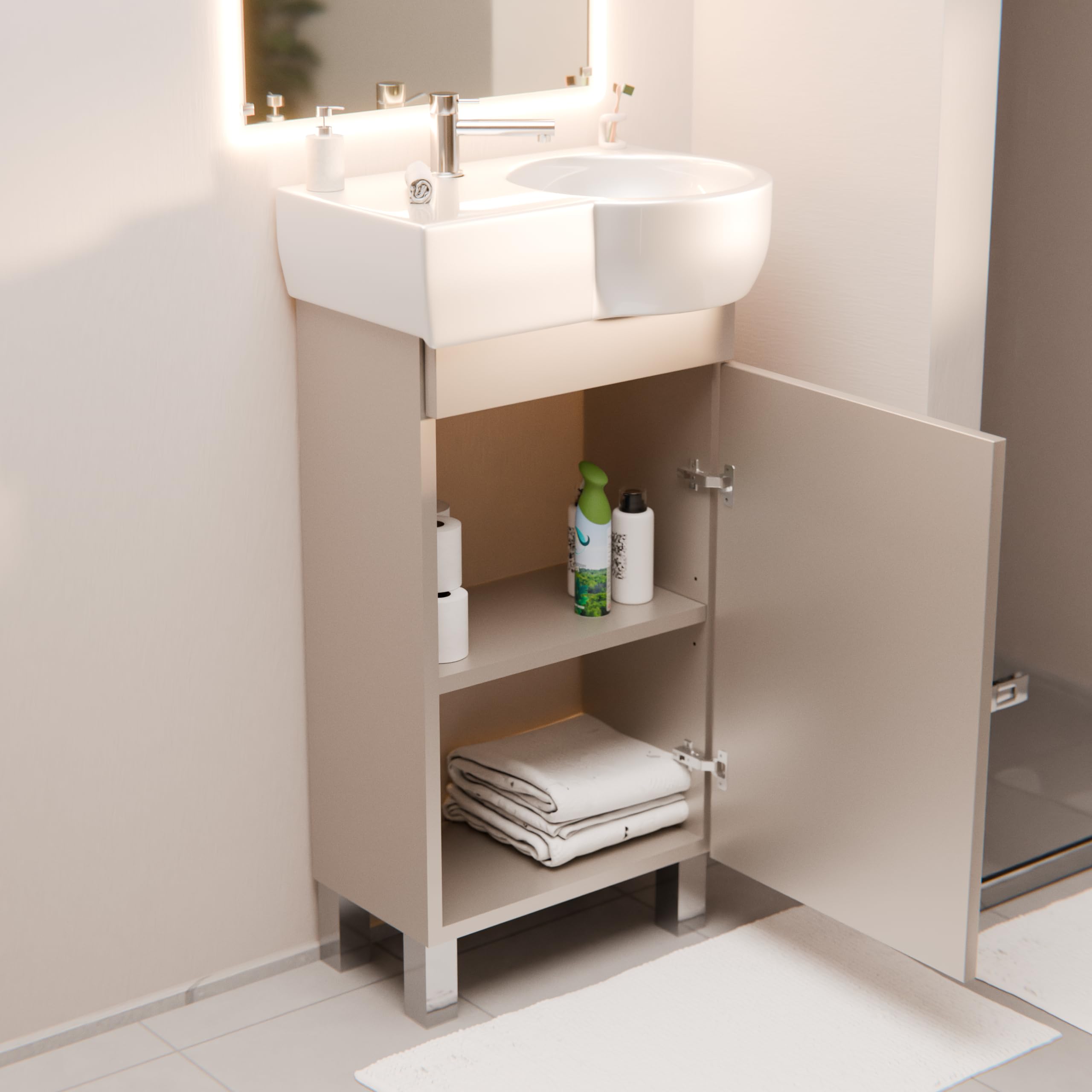 Lavabo con mobiletto da 50 cm di larghezza, mobiletto per lavabo Burgos con lavandino – Mobiletto da bagno, mobiletto da bagno (cashmere)
