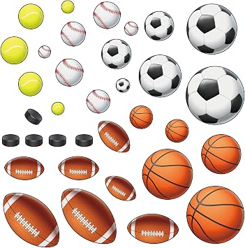 Sport Balls Stickers, Easy to Peel and Stick Basketball Football Hockey Sports Wall Stickers, Wall Art DIY Kids Baby Boys Wall Decals for Nursery, Living Room, Playroom Door Decoration
